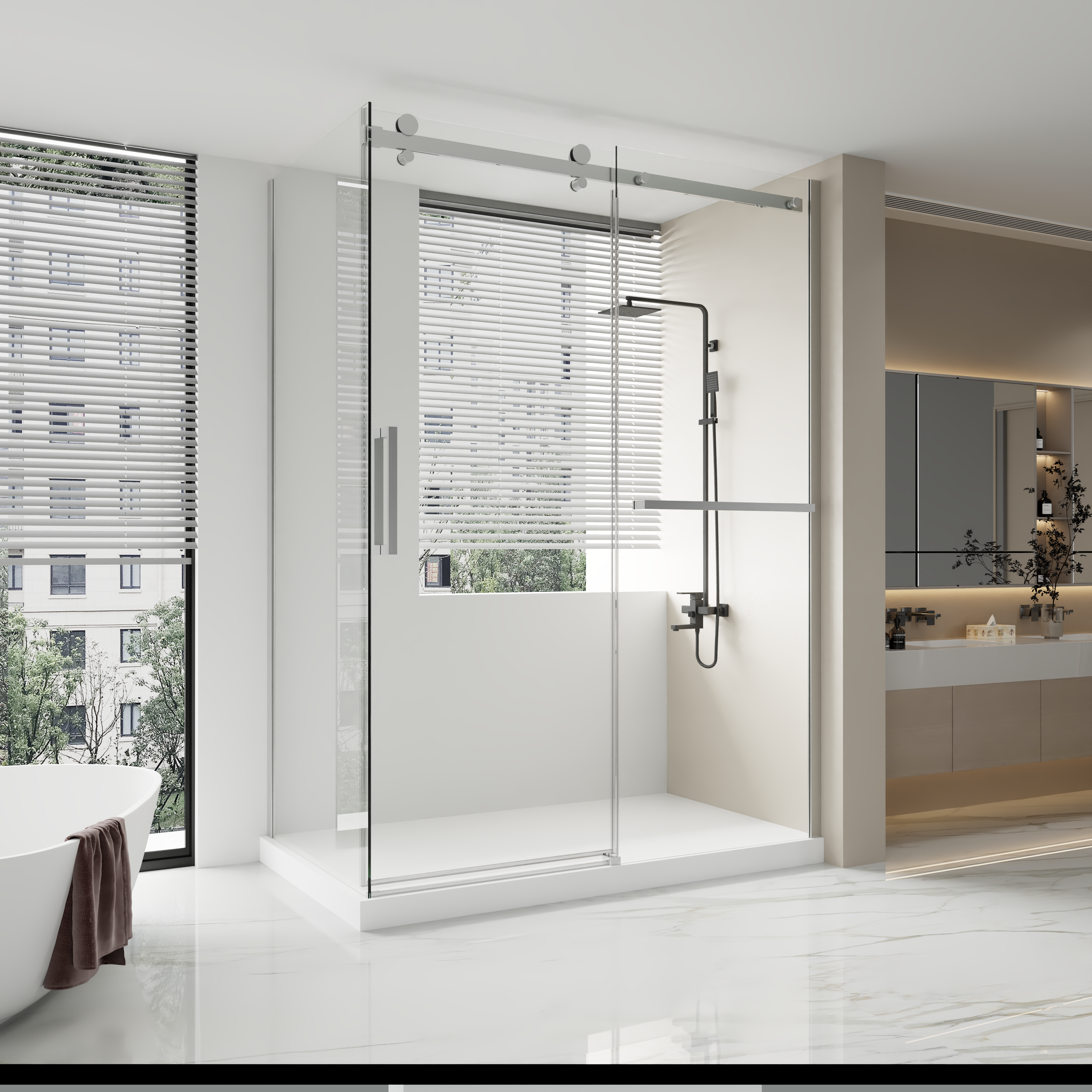 Porte de douche coulissante fixe réversible sans cadre chromée 60 po x 79 po avec panneau latéral de 32 po