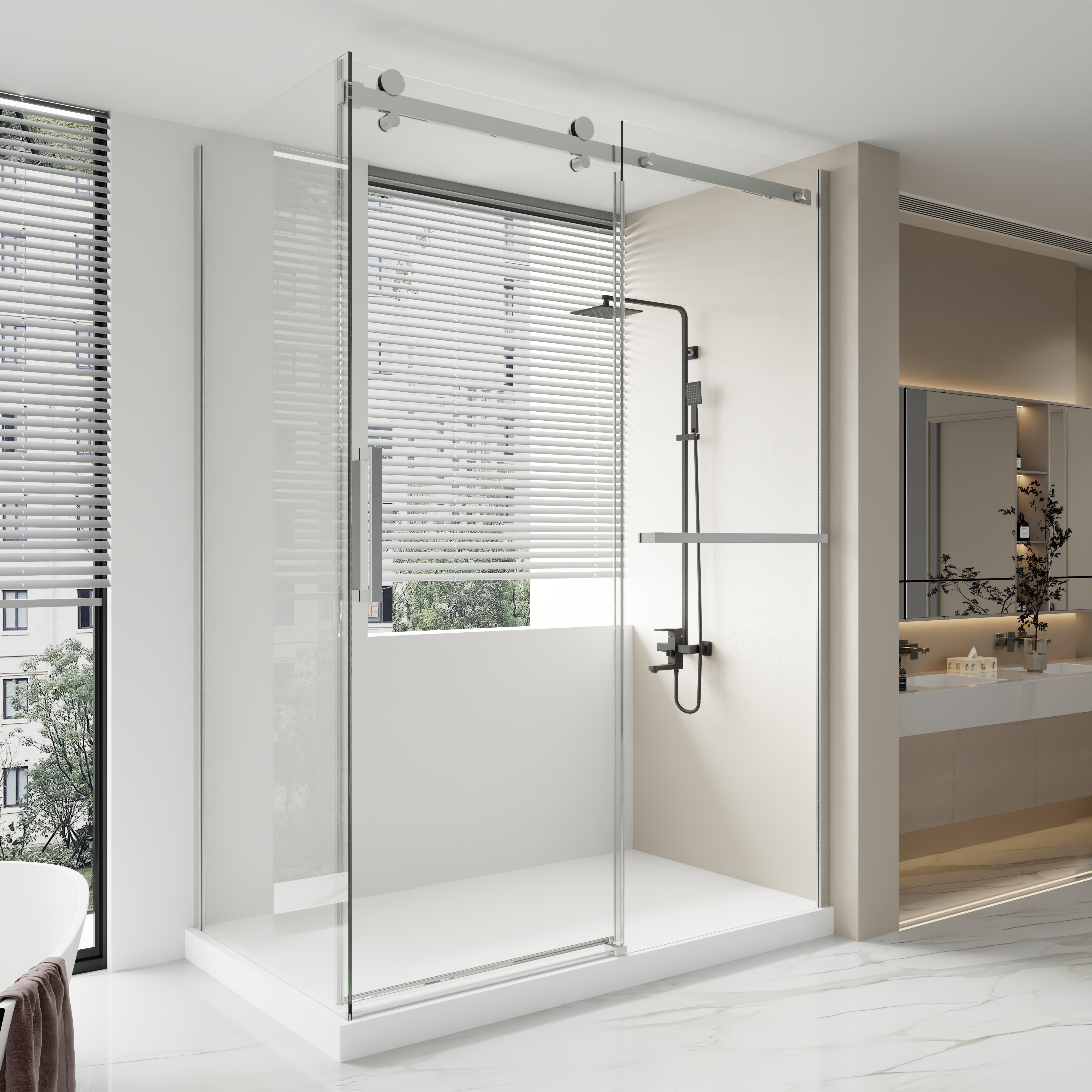 Porte de douche coulissante fixe réversible sans cadre chromée 60 po x 79 po avec panneau latéral de 32 po