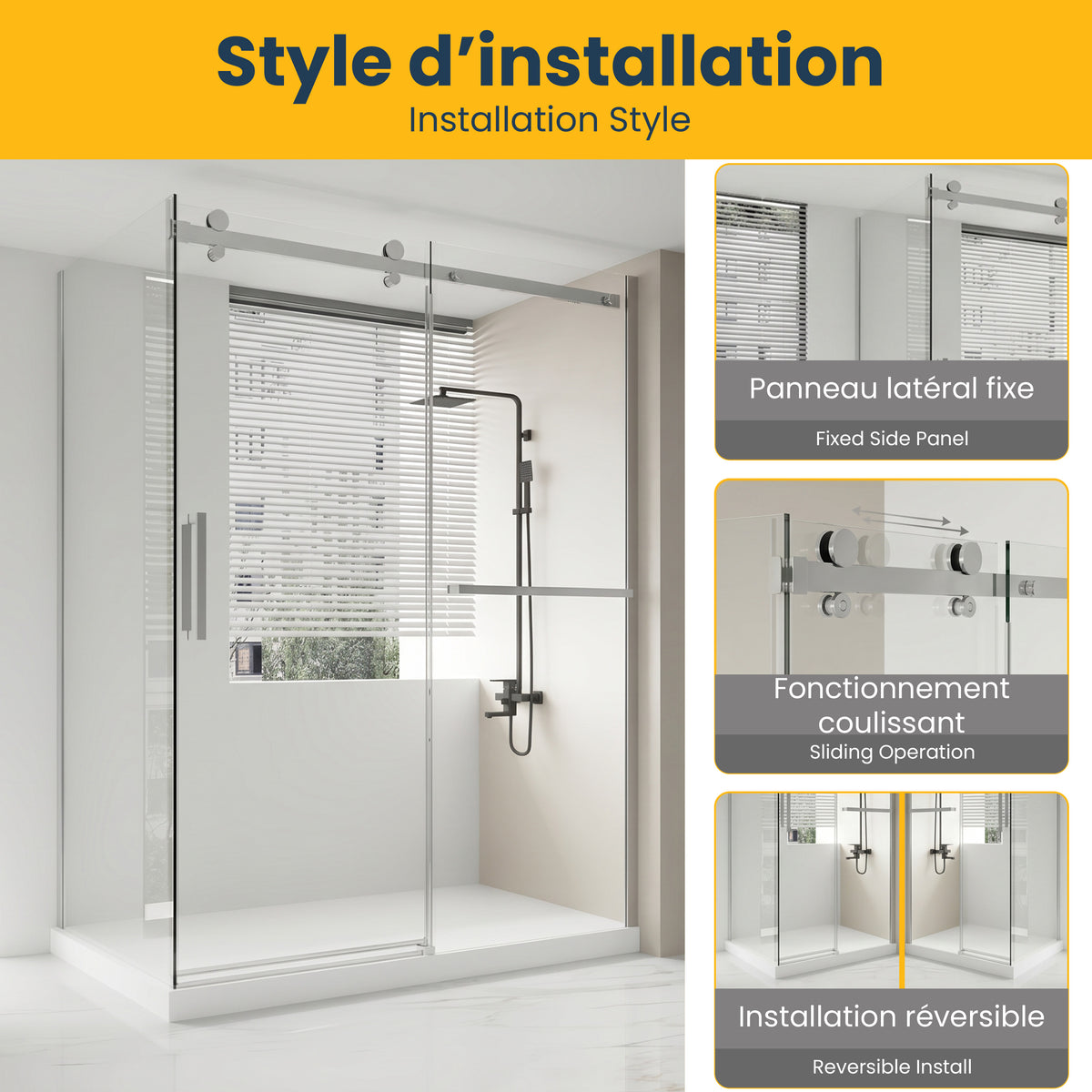 Porte de douche coulissante en coin réversible sans cadre 60po x 32po x 79po en chrome