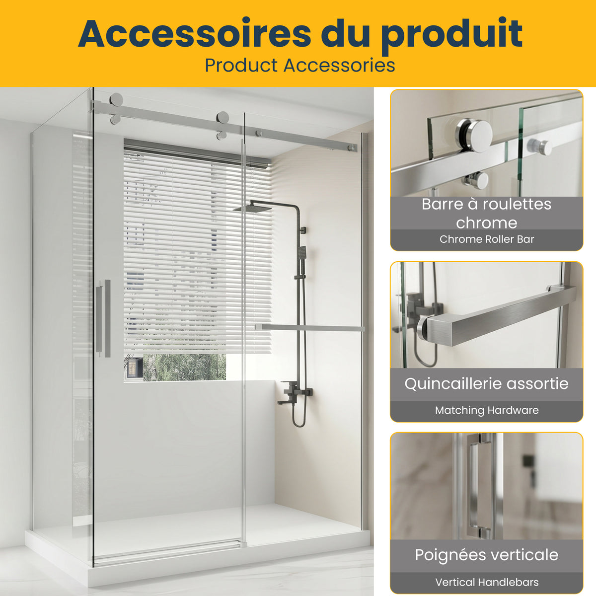 Porte de douche coulissante en coin réversible sans cadre 60po x 32po x 79po en chrome