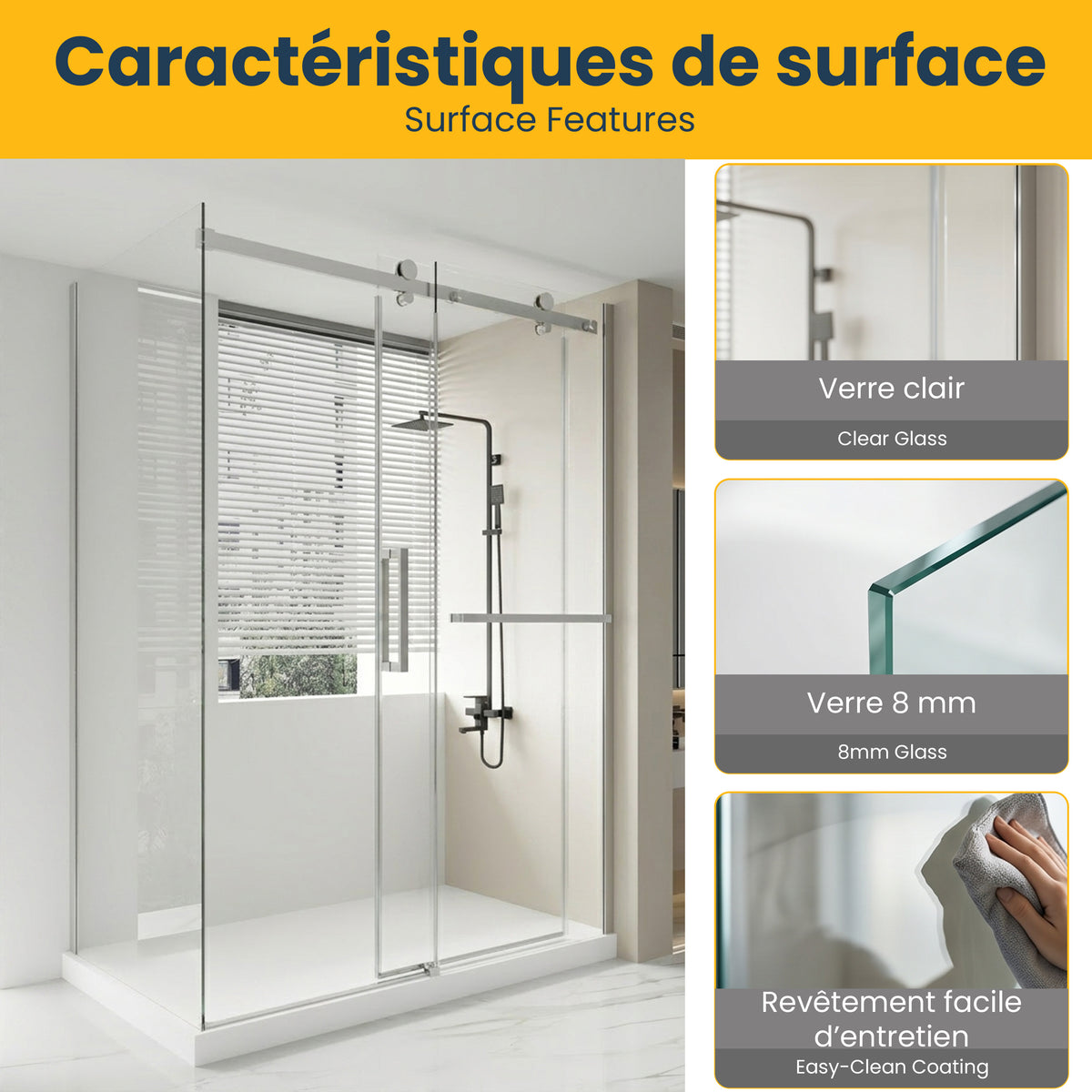 Porte de douche coulissante en coin réversible sans cadre 60po x 32po x 79po en chrome