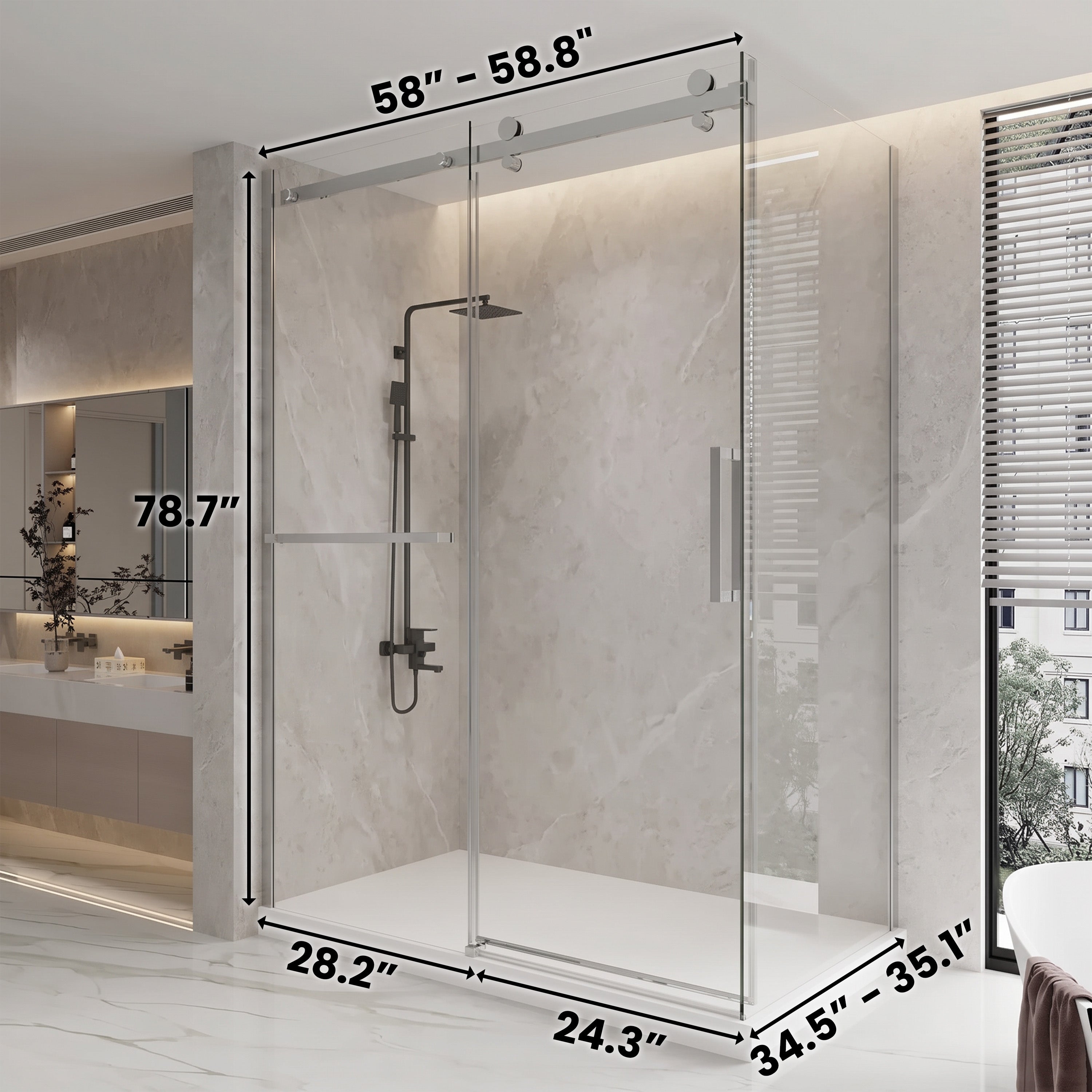 60" x 36" x 79" Frameless Reversible Corner Sliding Shower Door in Chrome