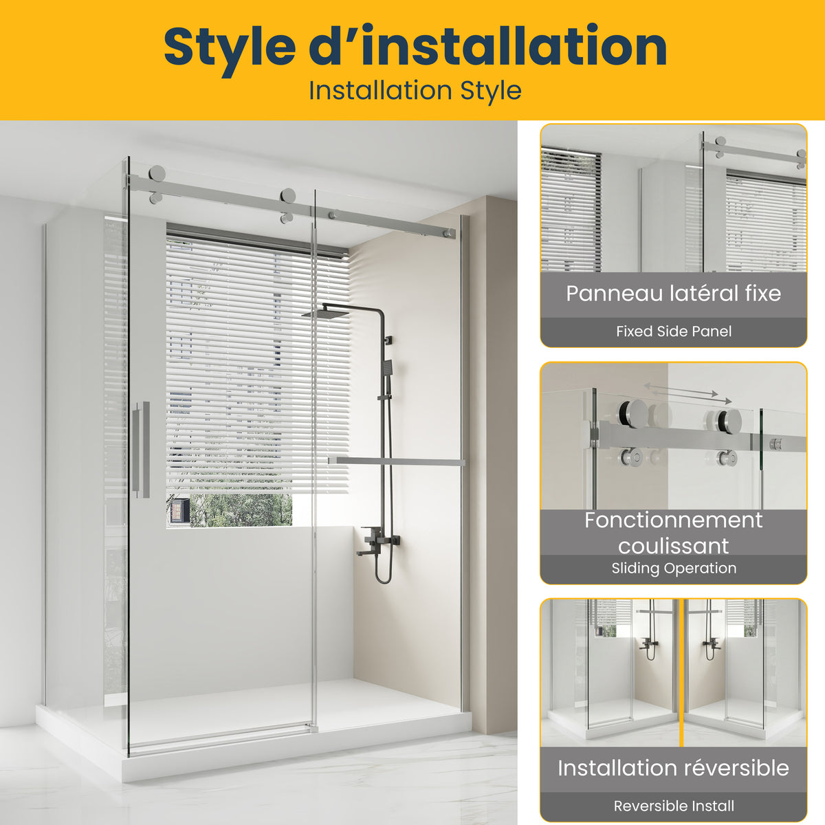 60" x 36" x 79" Frameless Reversible Corner Sliding Shower Door in Chrome