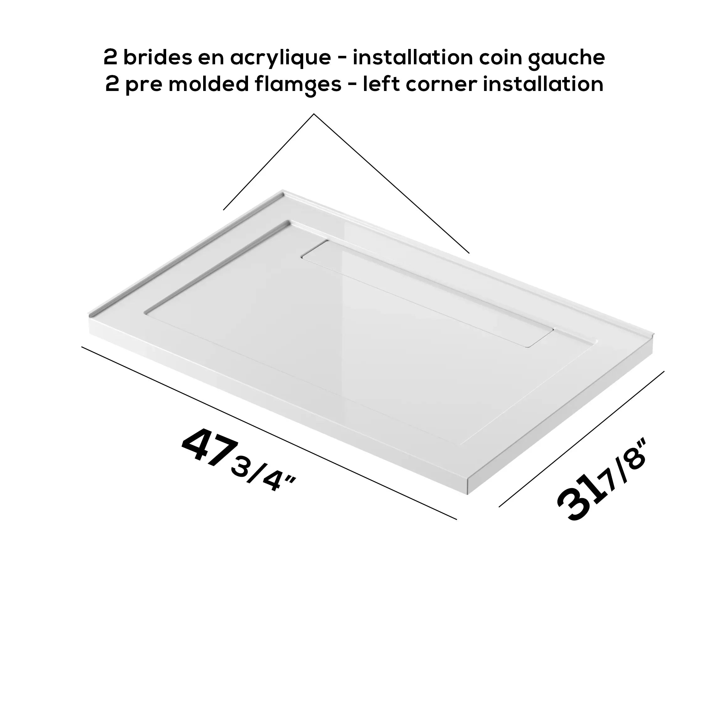 Base de douche rectangulaire blanche en acrylique 48po x 32po avec drain linéaire gauche - Installation 2 murs
