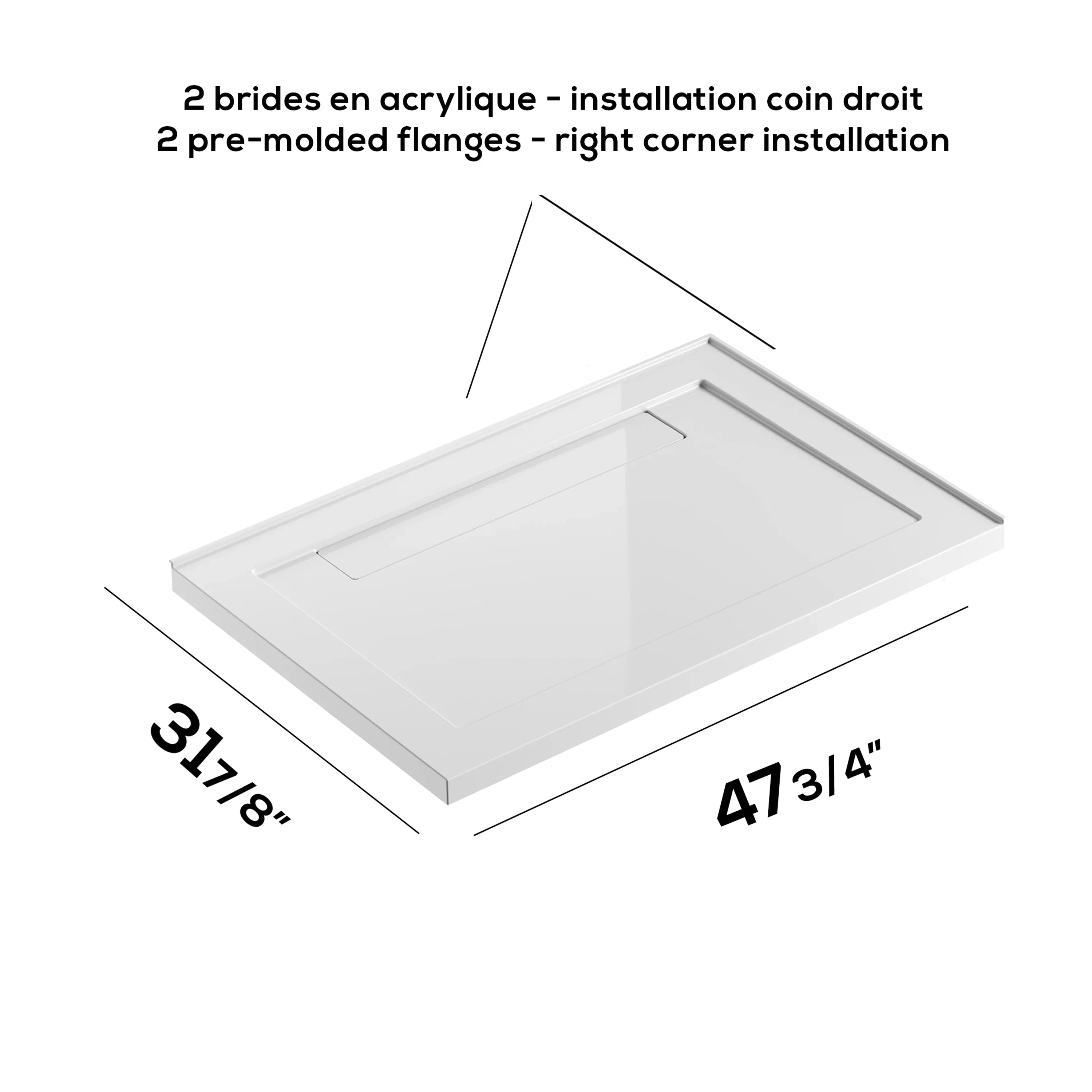 Base de Douche Acrylique Blanche 48po x 32po avec Drain Linéaire à Droite - Installation 2 Murs