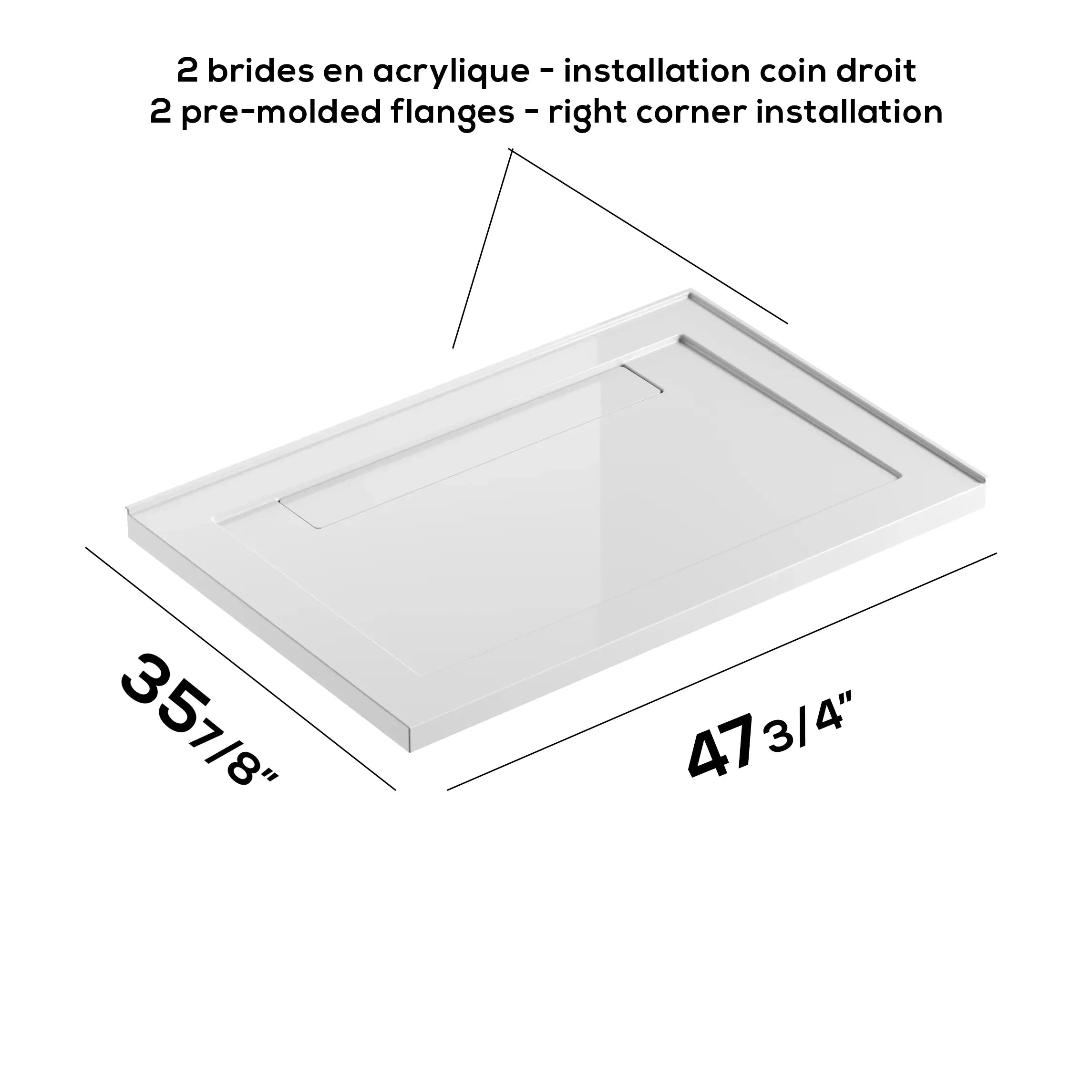 Base de douche acrylique rectangulaire blanche 48po x 36po avec drain linéaire à droite