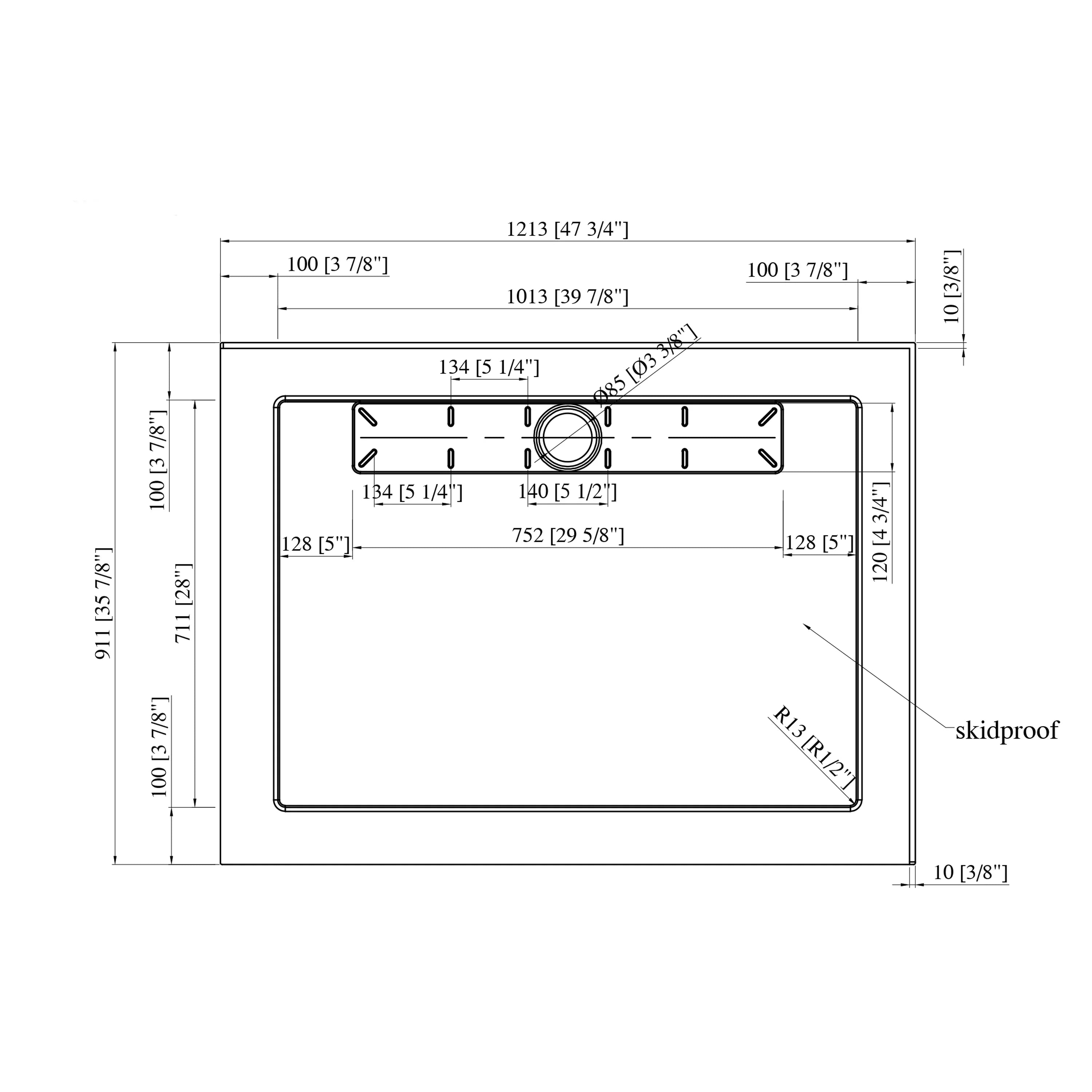 Base de douche acrylique rectangulaire blanche 48po x 36po avec drain linéaire à droite