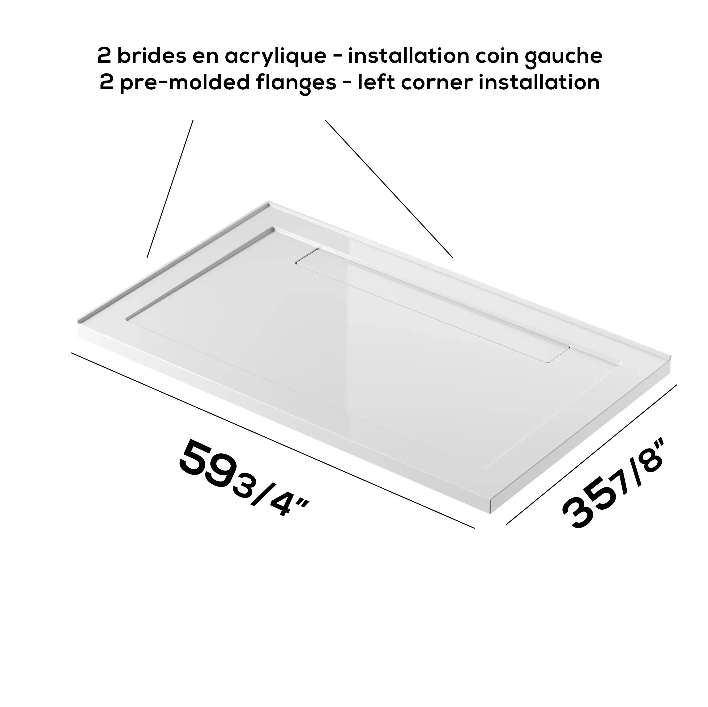 Base de douche acrylique blanche rectangulaire 60po x 36po avec drain linéaire gauche