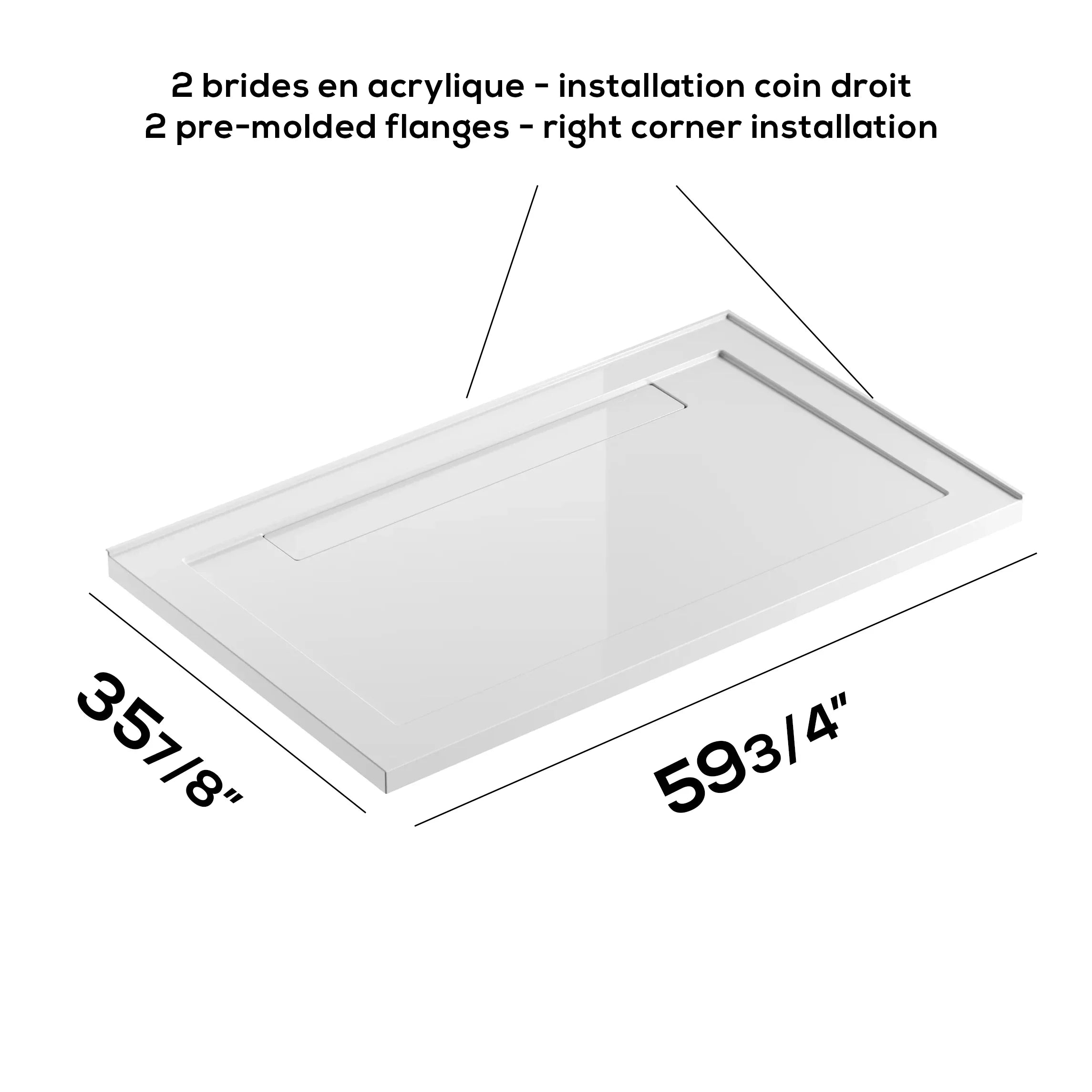 Base de douche acrylique rectangulaire blanche 60po x 36po avec drain linéaire à droite - Installation 2 murs