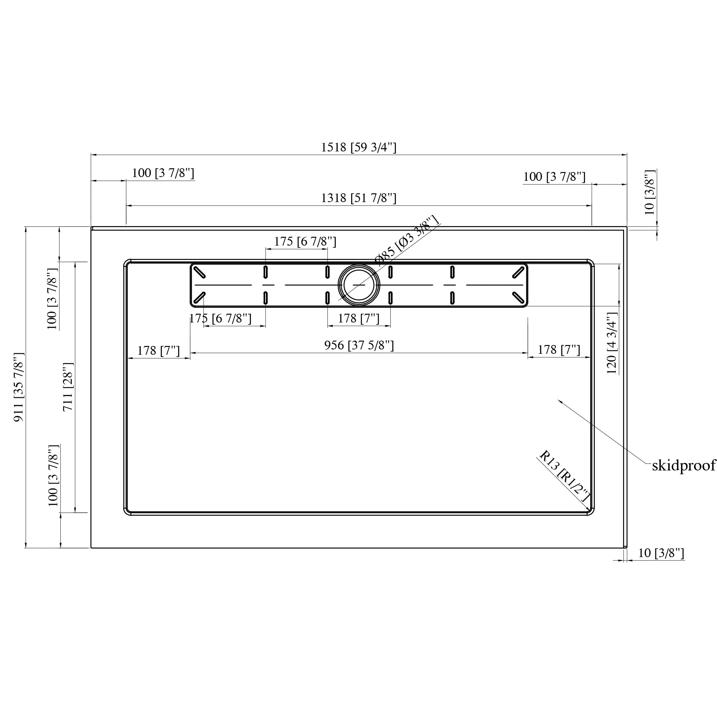 Base de douche acrylique rectangulaire blanche 60po x 36po avec drain linéaire à droite - Installation 2 murs