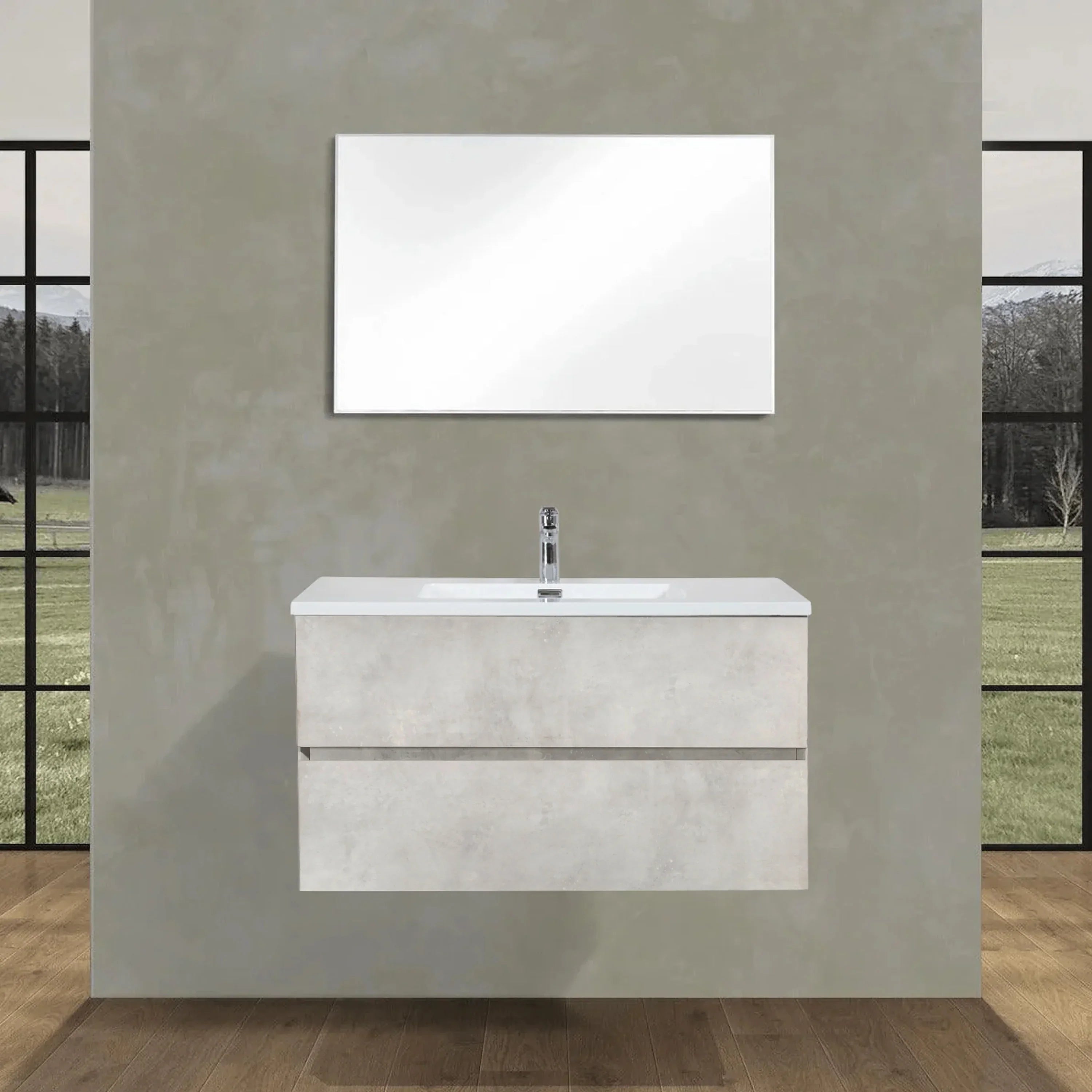 36" Grey Wall Mount Single Sink Bathroom Vanity with White Polymarble Countertop