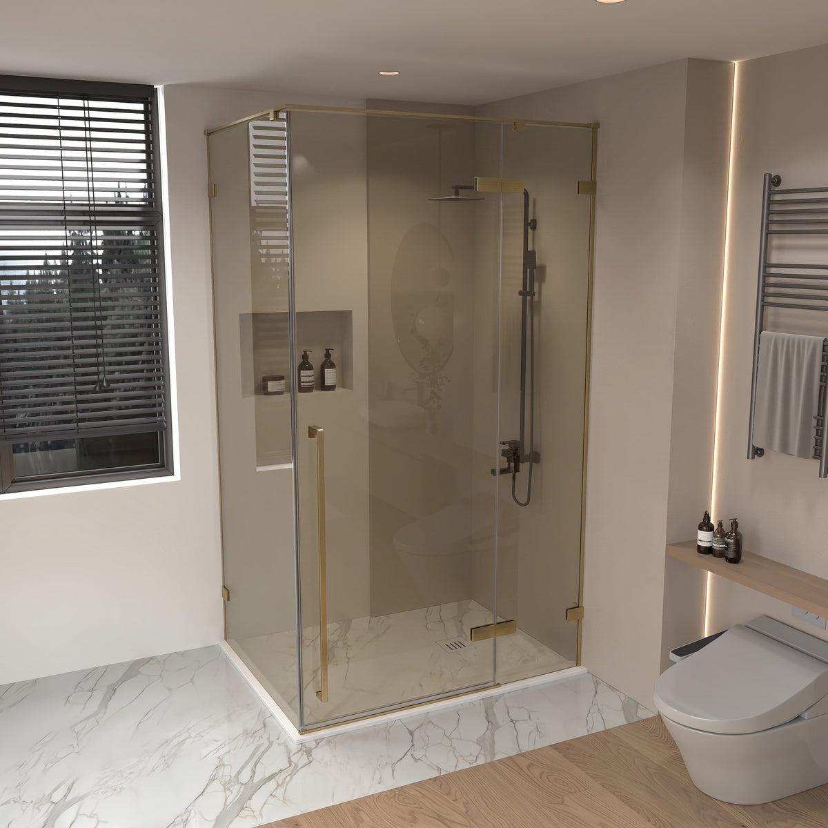 45.6"–46" W (Adjustable Width) x 79" H Frameless Reversible Pivot Shower Door in Brushed Gold with Brown Tinted Glass & 30.2"–30.5" Side Panel
