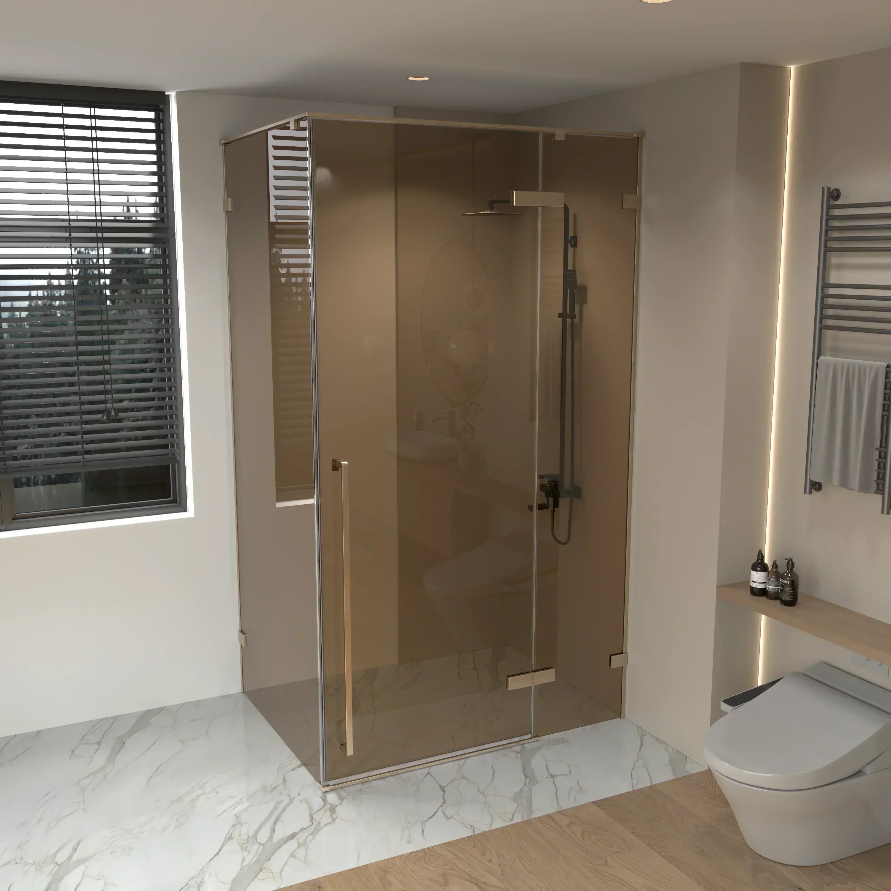 Porte de Douche Pivotante Or Brossé 60po x 79po avec Verre Brun et Panneau Latéral 36po