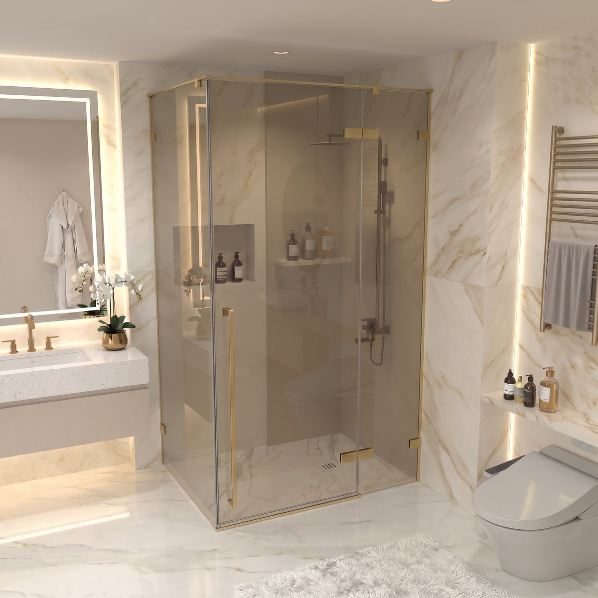 45.6"–46" W (Adjustable Width) x 79" H Frameless Reversible Pivot Shower Door in Brushed Gold with Brown Tinted Glass & 30.2"–30.5" Side Panel
