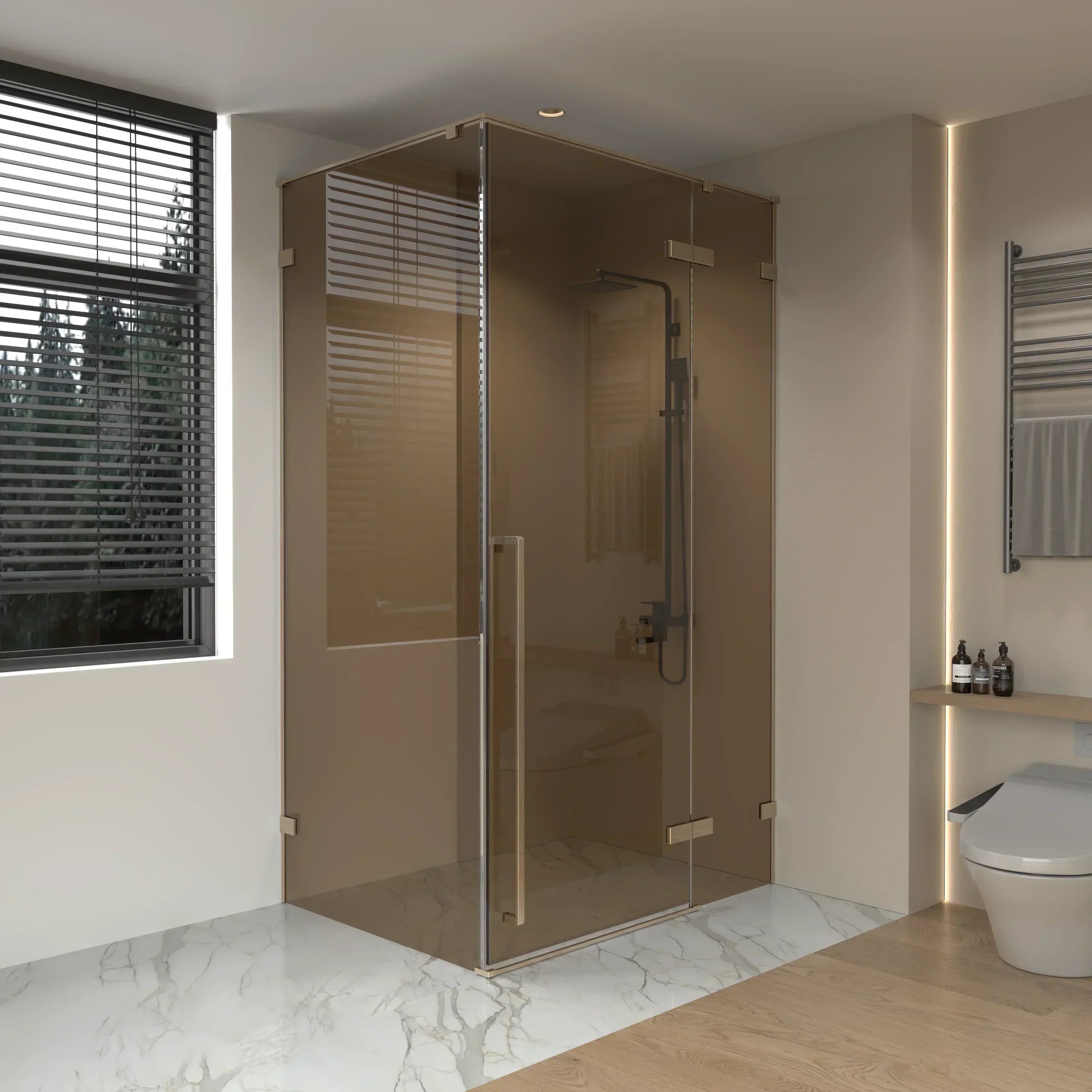 Porte de Douche Pivotante Or Brossé 60po x 79po avec Verre Brun et Panneau Latéral 36po