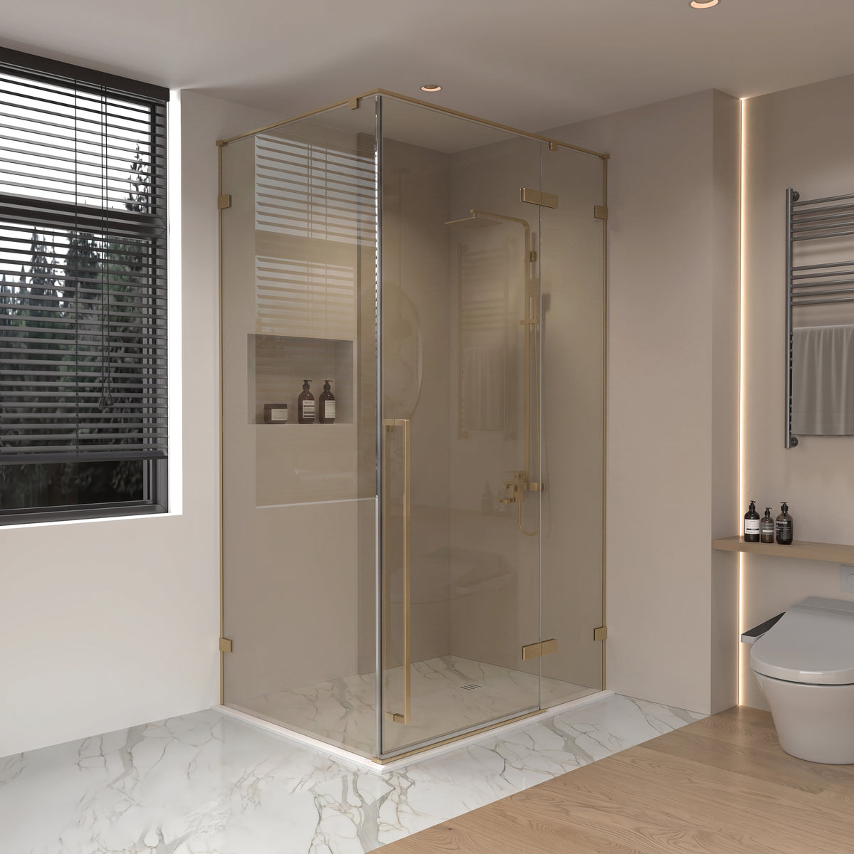 45.6"–46" W (Adjustable Width) x 79" H Frameless Reversible Pivot Shower Door in Brushed Gold with Brown Tinted Glass & 30.2"–30.5" Side Panel