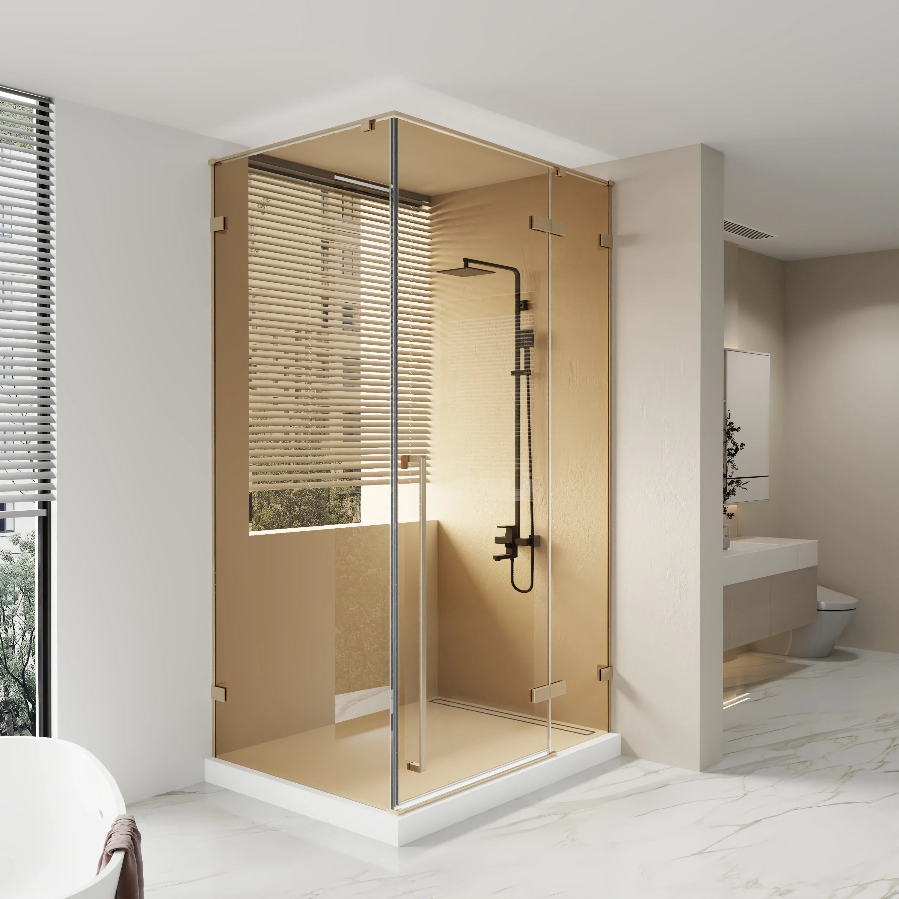 Porte de douche pivotante 48po x 79po or brossé avec verre teinté brun et panneau latéral 32po