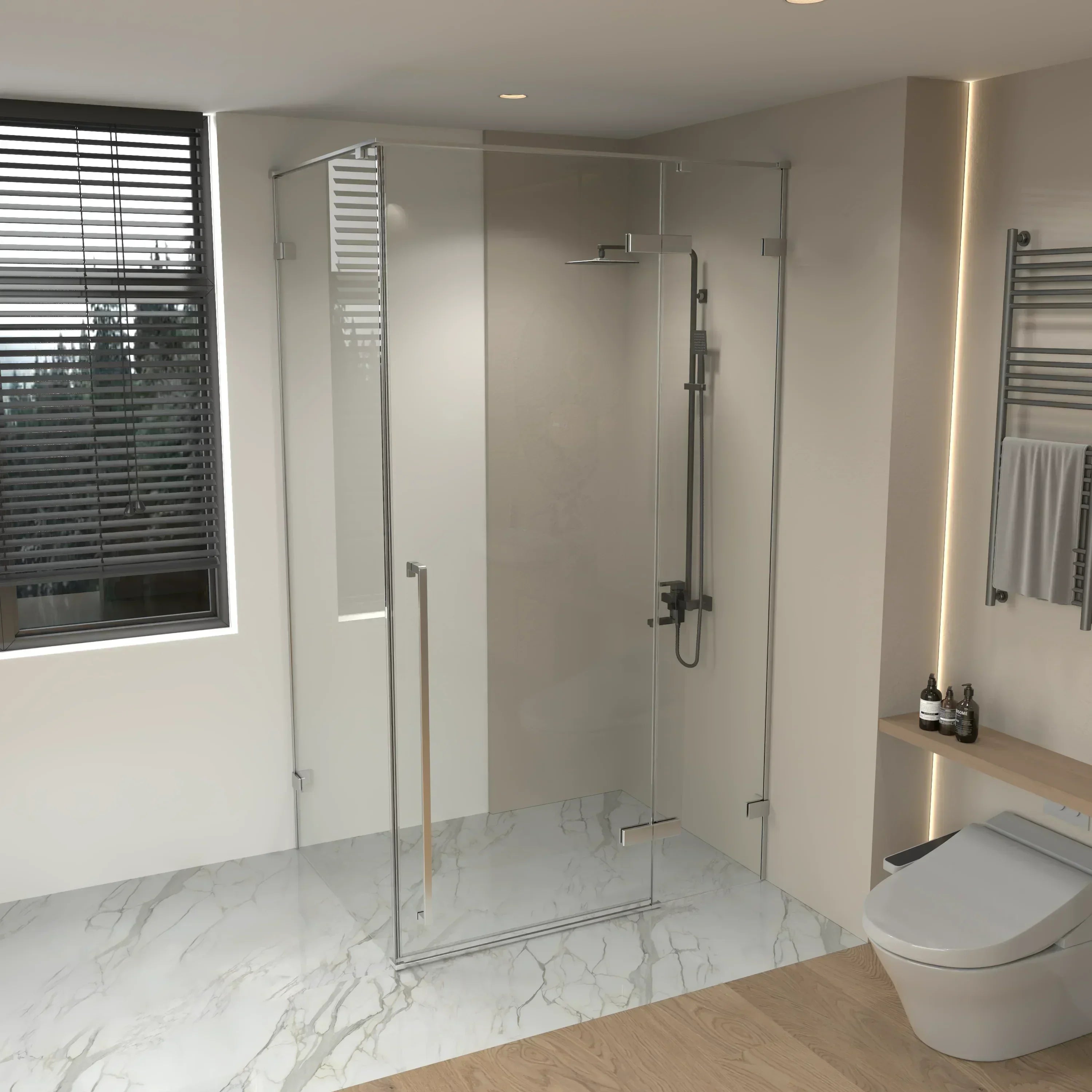 Porte de douche pivotante chromée 60po x 79po avec panneau latéral 36po - Verre clair