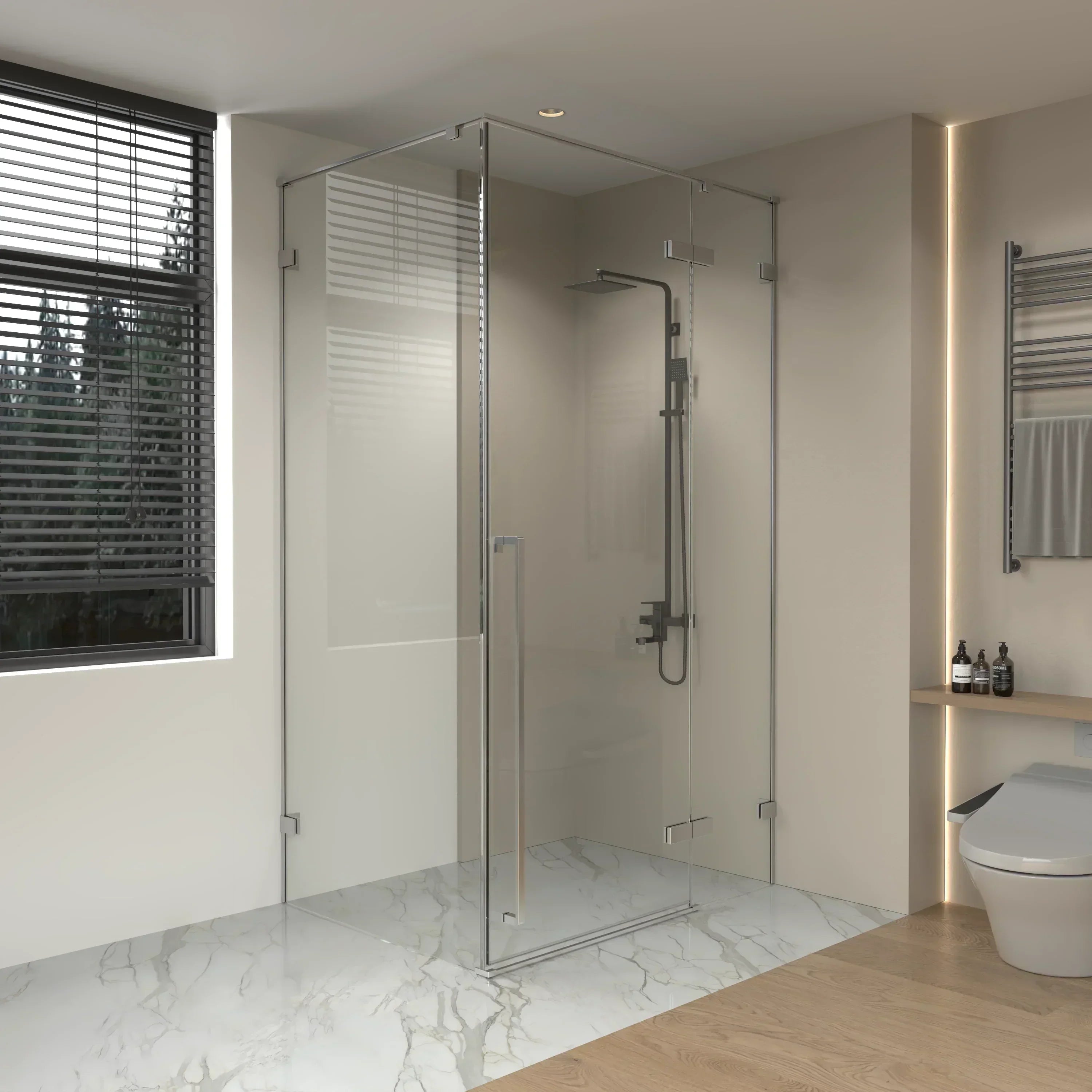 Porte de douche pivotante chromée 60po x 79po avec panneau latéral 36po - Verre clair