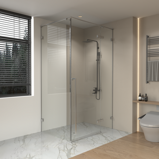 60 po x 79 po Panneau de Porte de Douche Fixe Pivotante Chrome Réversible avec Verre Clair et 36 po x 79 po Panneau Latéral
