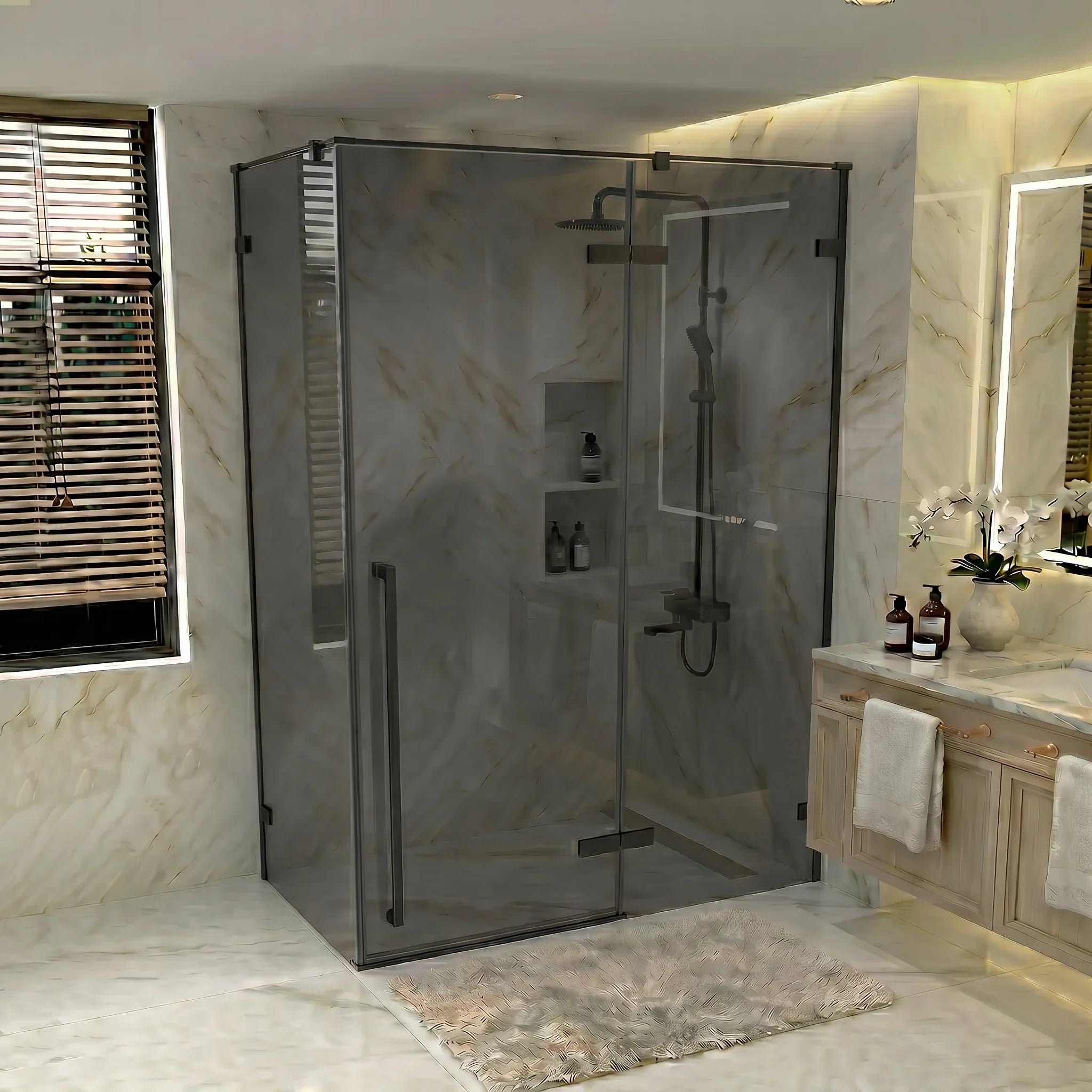 Porte de douche pivotante réversible 57,6po–58po noir mat avec verre teinté noir et panneau latéral 30,2po–30,5po
