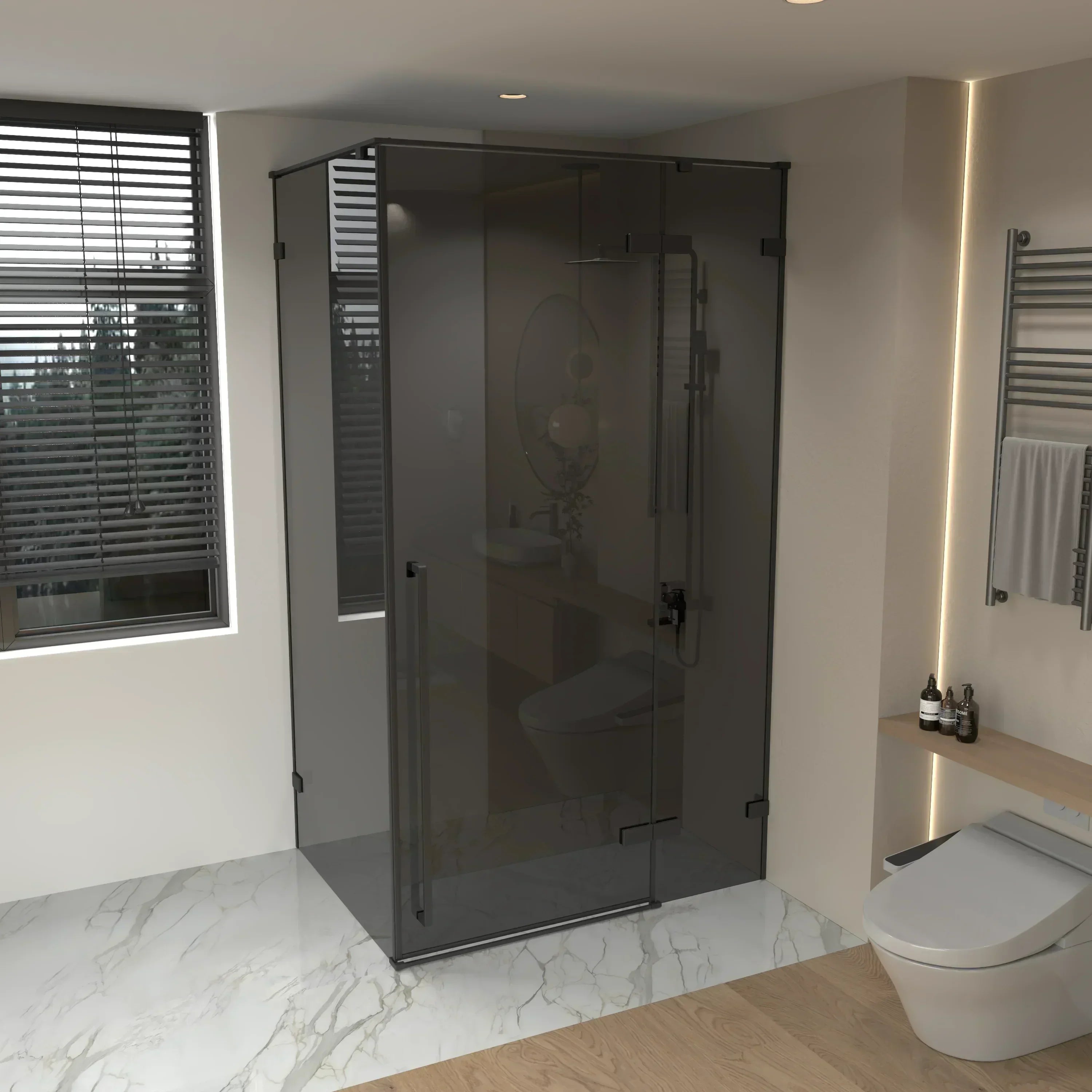 Porte de douche pivotante 60po x 79po noir mat avec verre teinté noir et panneau latéral 32po