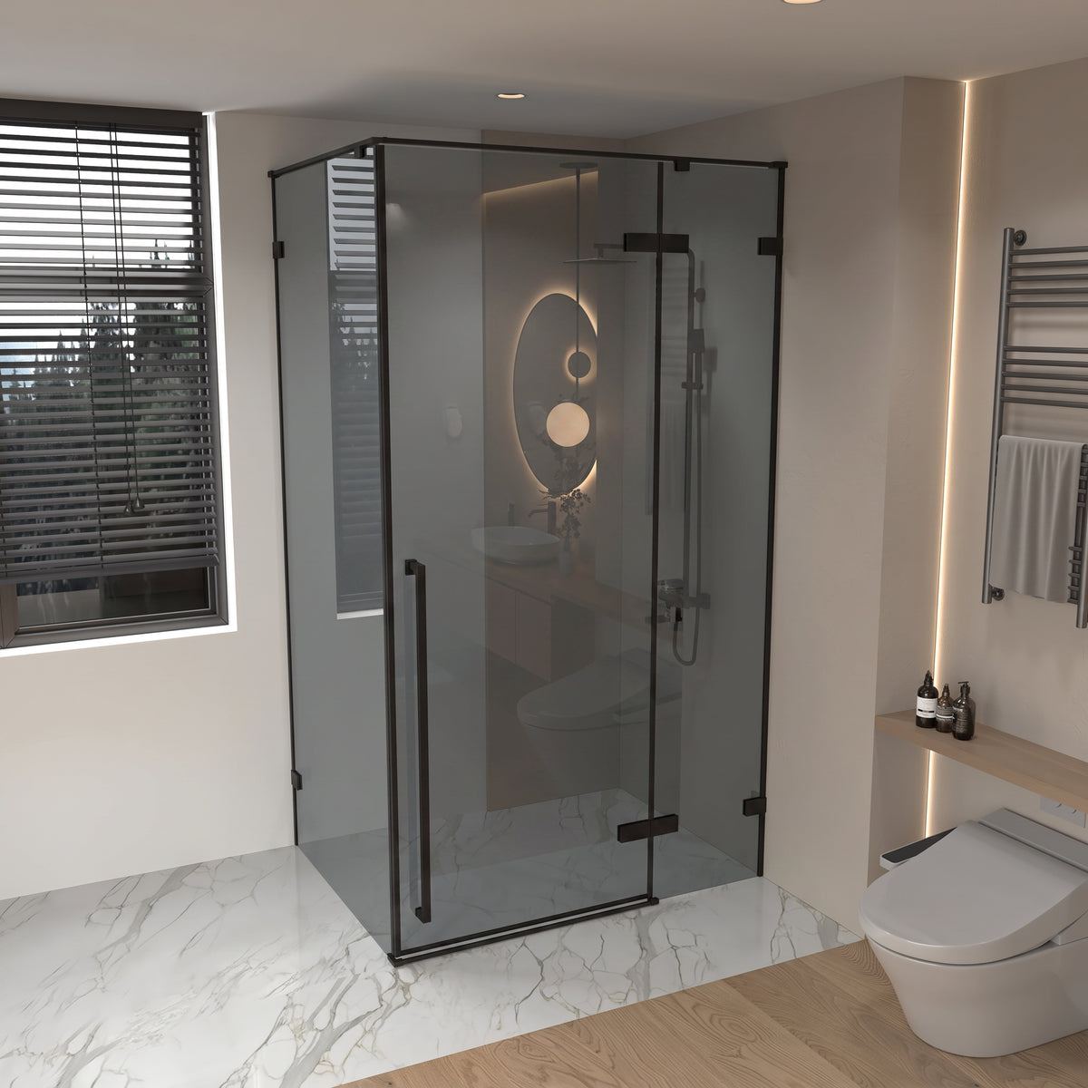 45.6"–46" W (Adjustable Width) x 79" H Frameless Reversible Pivot Shower Door in Matte Black with 30.2"–30.5" Side Panel – Black Tinted Glass