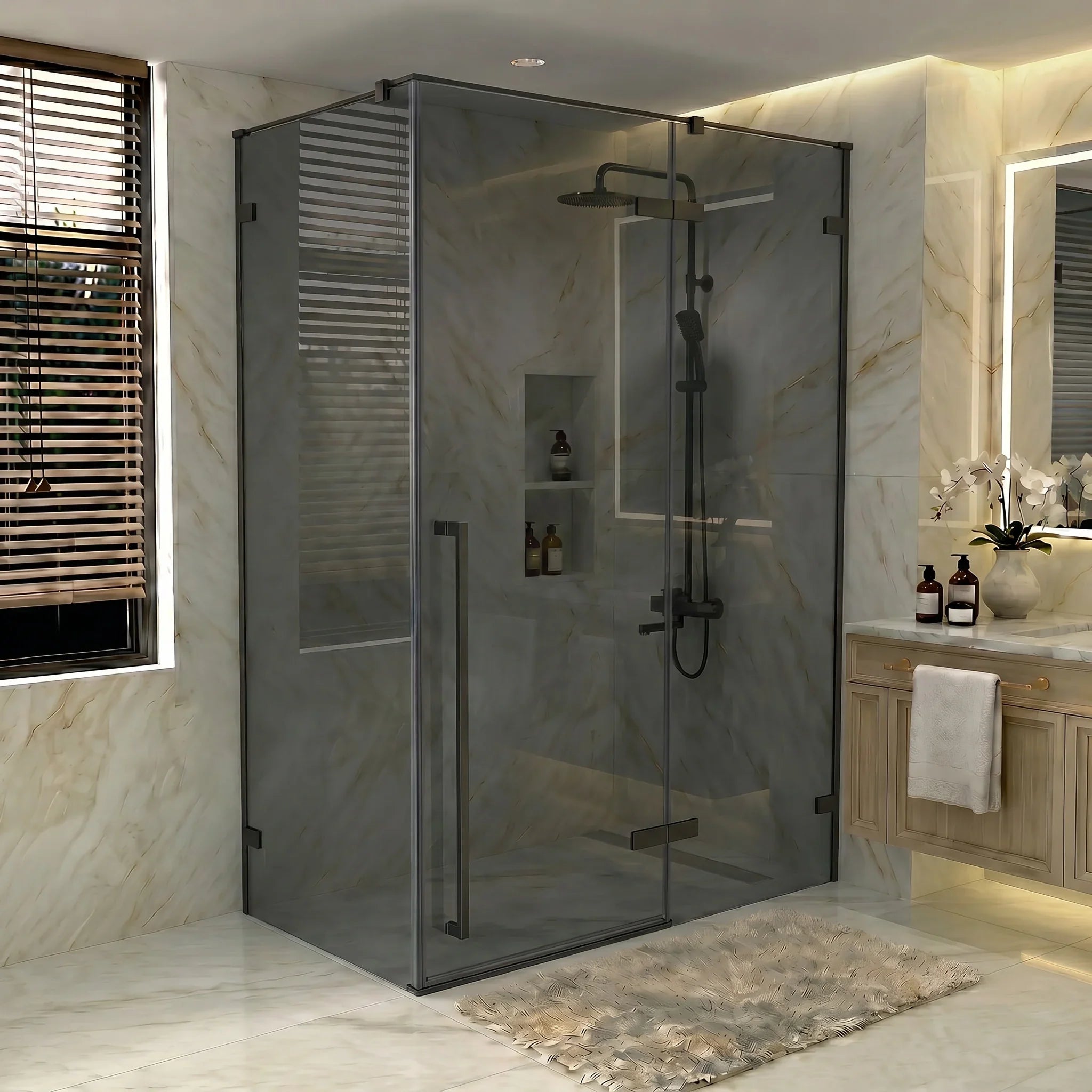 60" Reversible Matte Black Pivot Shower Door with Black Tinted Glass & 32" Side Panel