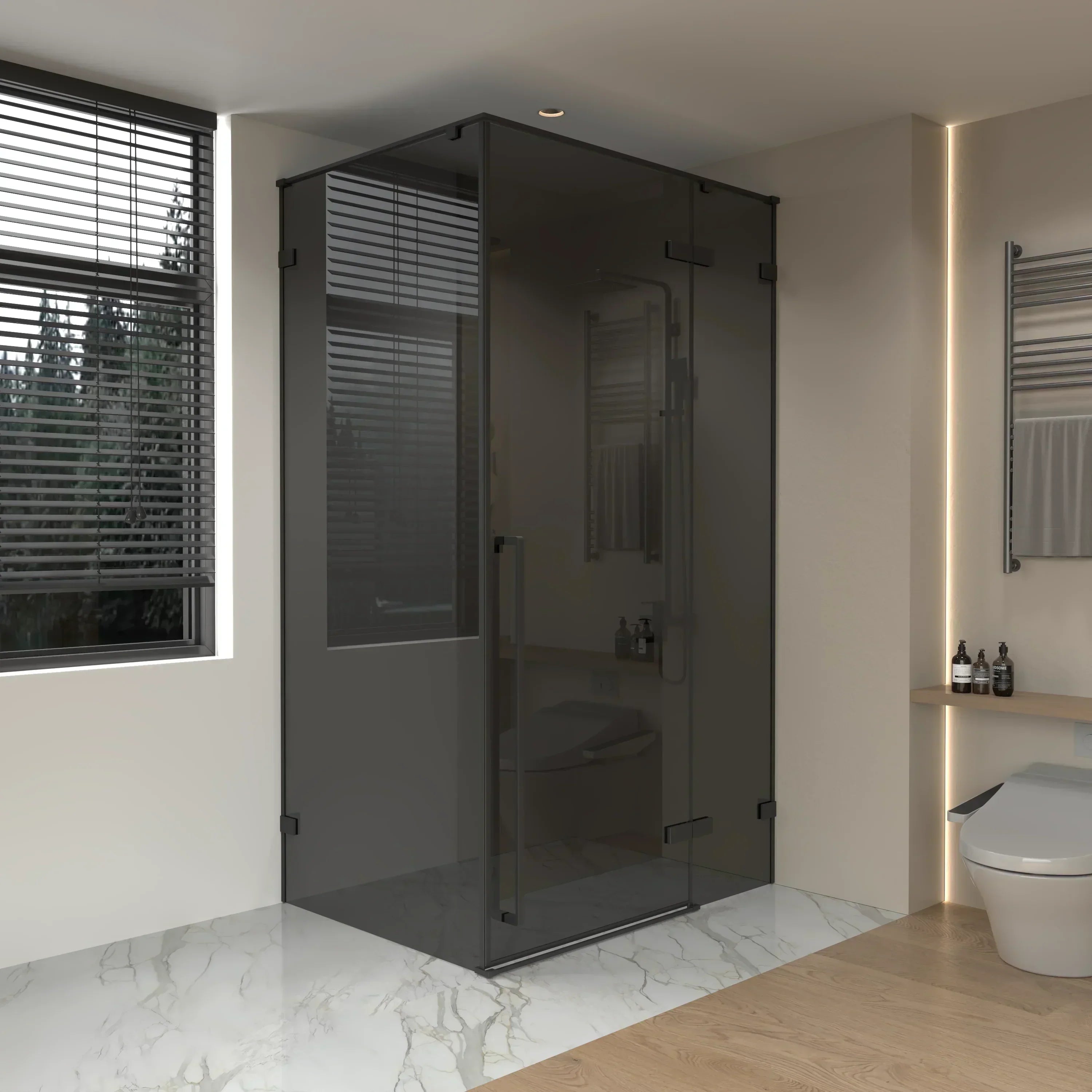 Porte de douche pivotante 60po x 79po noir mat avec verre teinté noir et panneau latéral 32po