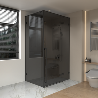 60 po x 79 po Panneau de Porte de Douche Fixe Pivotante Noir Mat Réversible avec Verre Teinté Noir et 36 po x 79 po Panneau Latéral