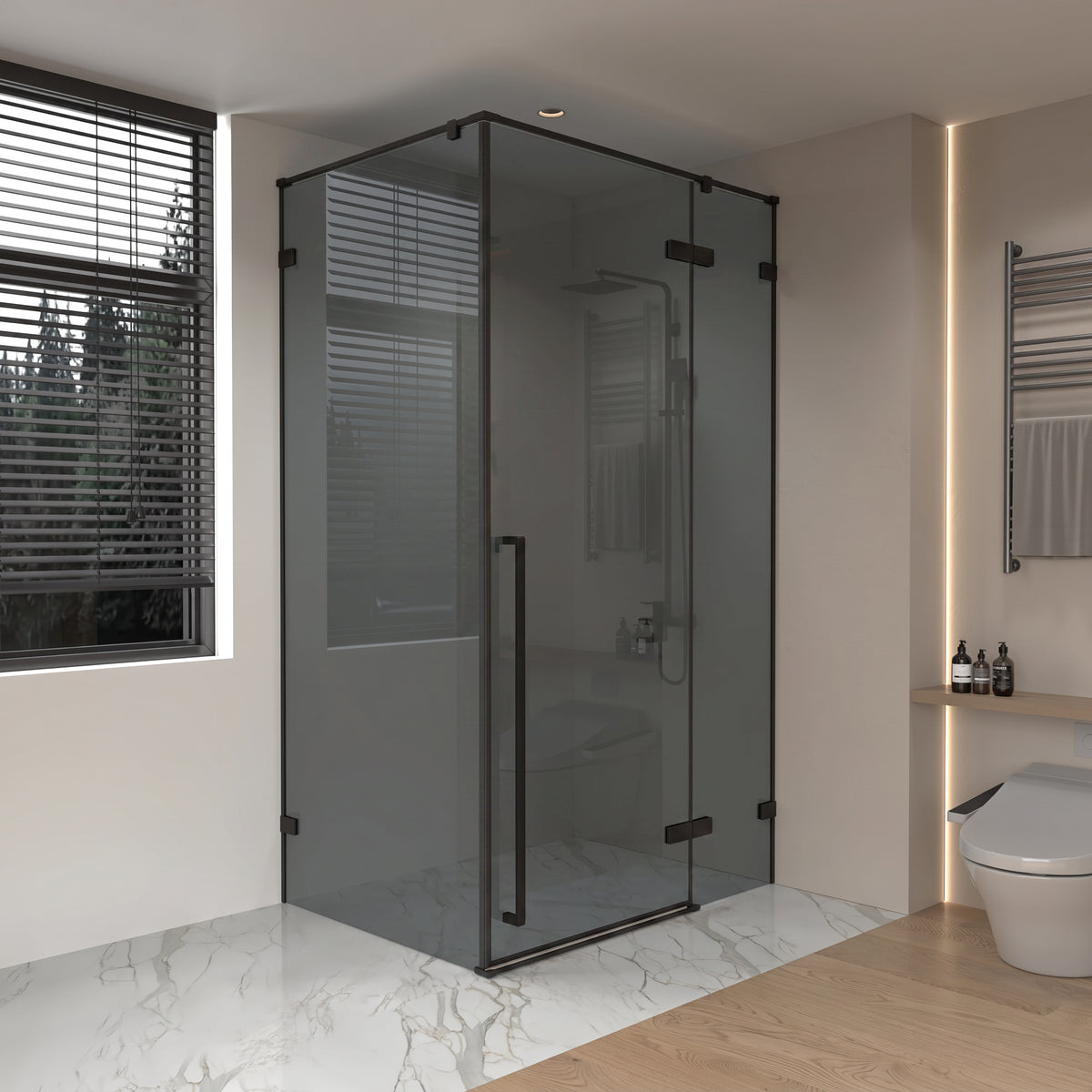 45.6"–46" W (Adjustable Width) x 79" H Frameless Reversible Pivot Shower Door in Matte Black with 30.2"–30.5" Side Panel – Black Tinted Glass