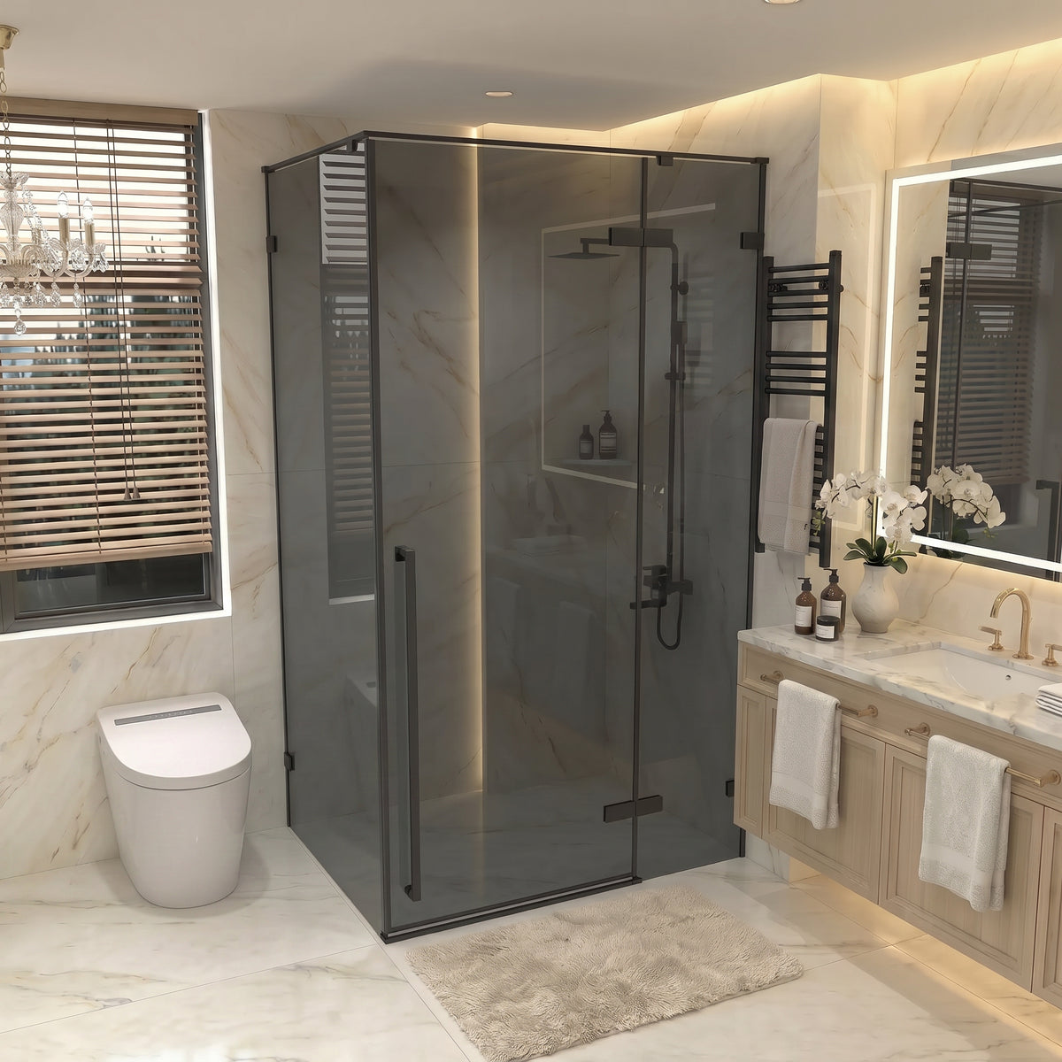 45.6"–46" W (Adjustable Width) x 79" H Frameless Reversible Pivot Shower Door in Matte Black with 30.2"–30.5" Side Panel – Black Tinted Glass