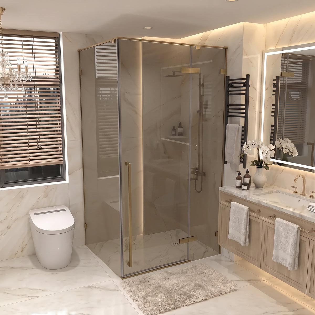 45.6"–46" W (Adjustable Width) x 79" H Frameless Reversible Pivot Shower Door in Brushed Gold with Brown Tinted Glass and 34.1"–34.5" Side Panel