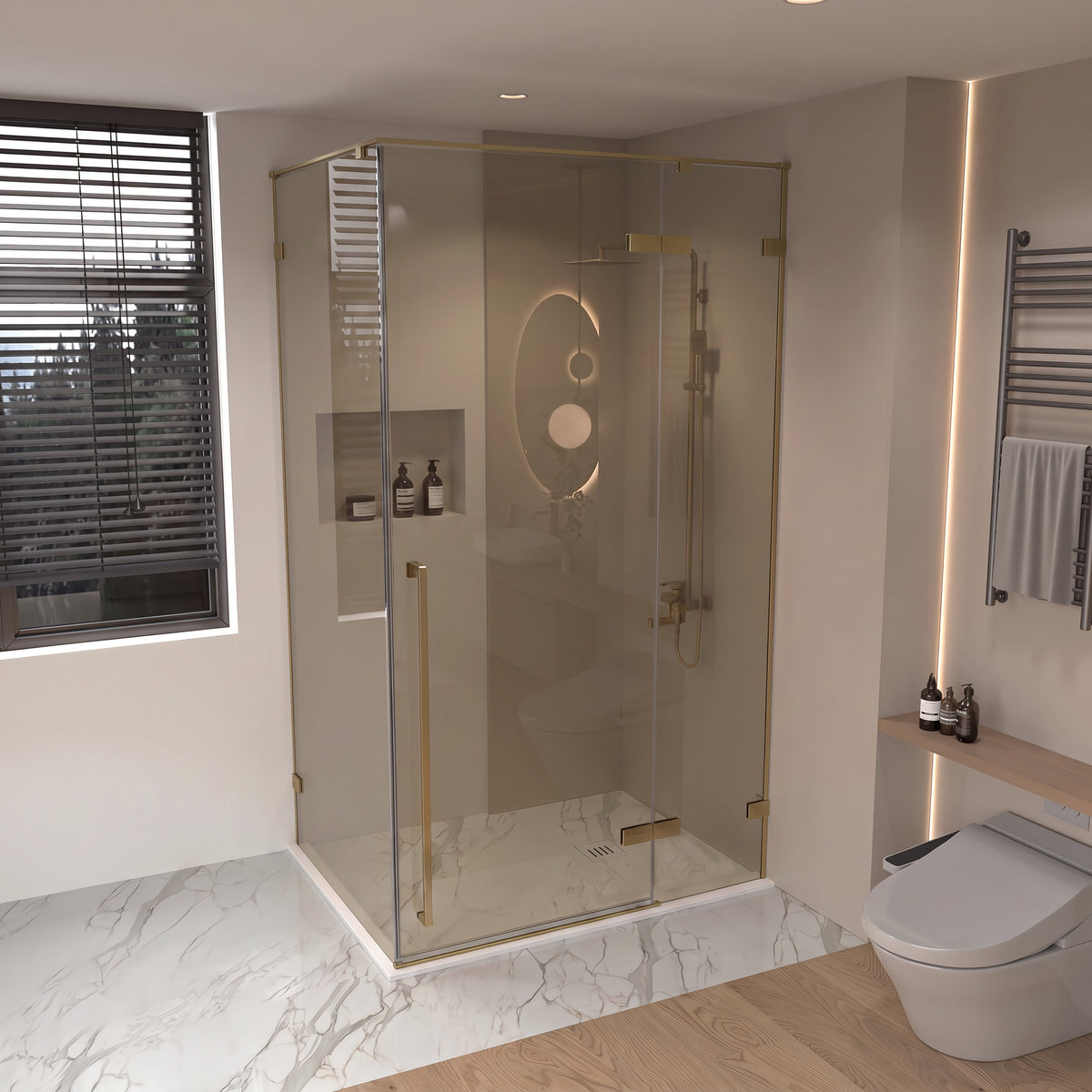 45.6"–46" W (Adjustable Width) x 79" H Frameless Reversible Pivot Shower Door in Brushed Gold with Brown Tinted Glass and 34.1"–34.5" Side Panel