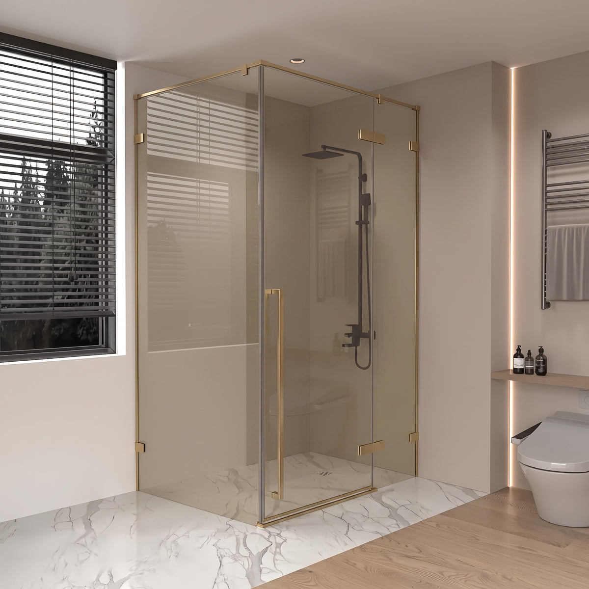 45.6"–46" W (Adjustable Width) x 79" H Frameless Reversible Pivot Shower Door in Brushed Gold with Brown Tinted Glass and 34.1"–34.5" Side Panel