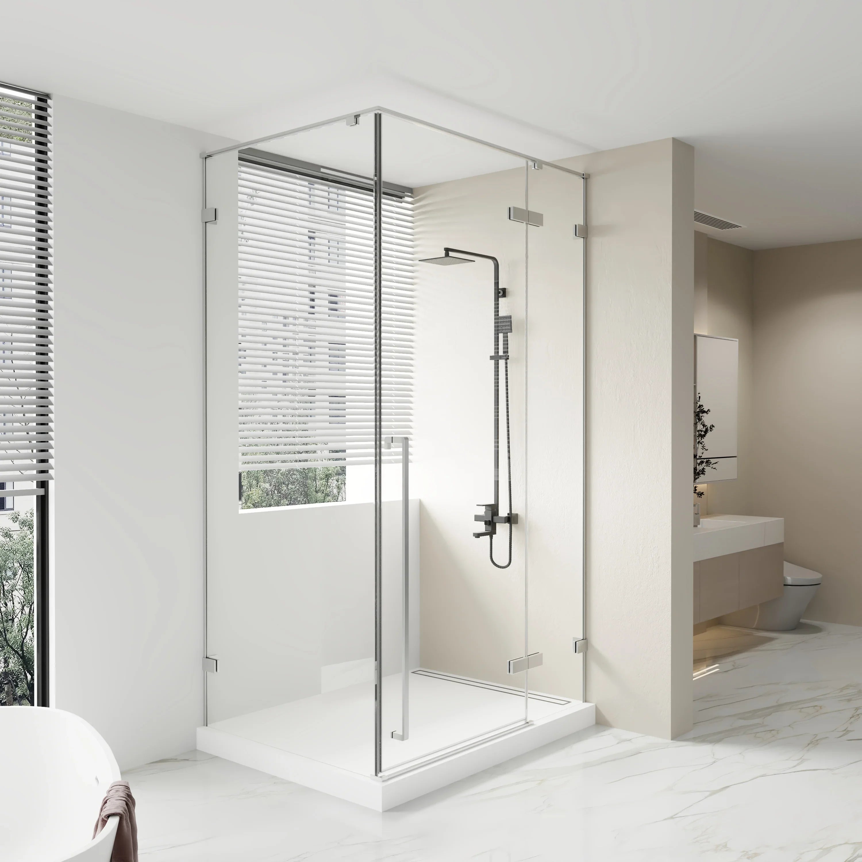 45.6"–46" x 79" Chrome Reversible Pivot Shower Door with 34.1"–34.5" Side Panel – Clear Tempered Glass
