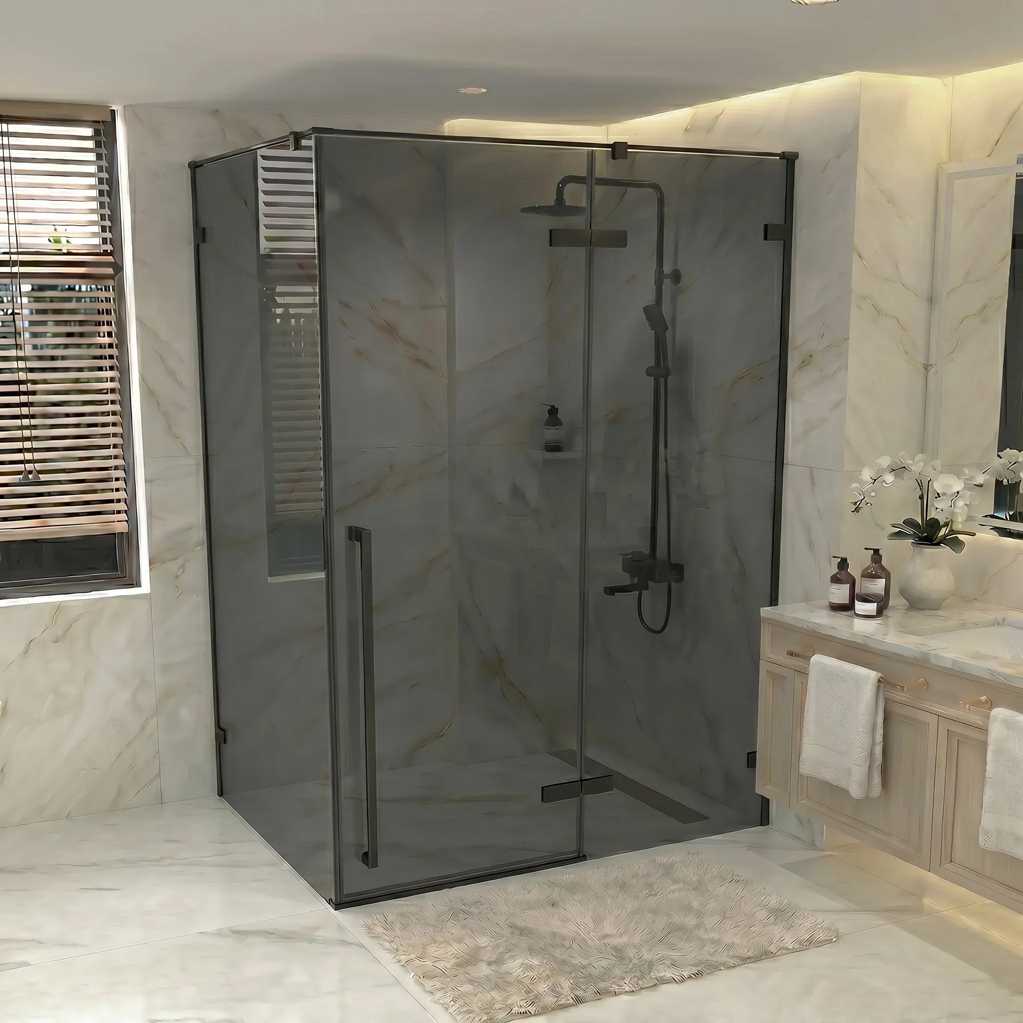 57.6"–58" x 79" Matte Black Reversible Pivot Shower Door with 34.1"–34.5" Black Tinted Glass Side Panel