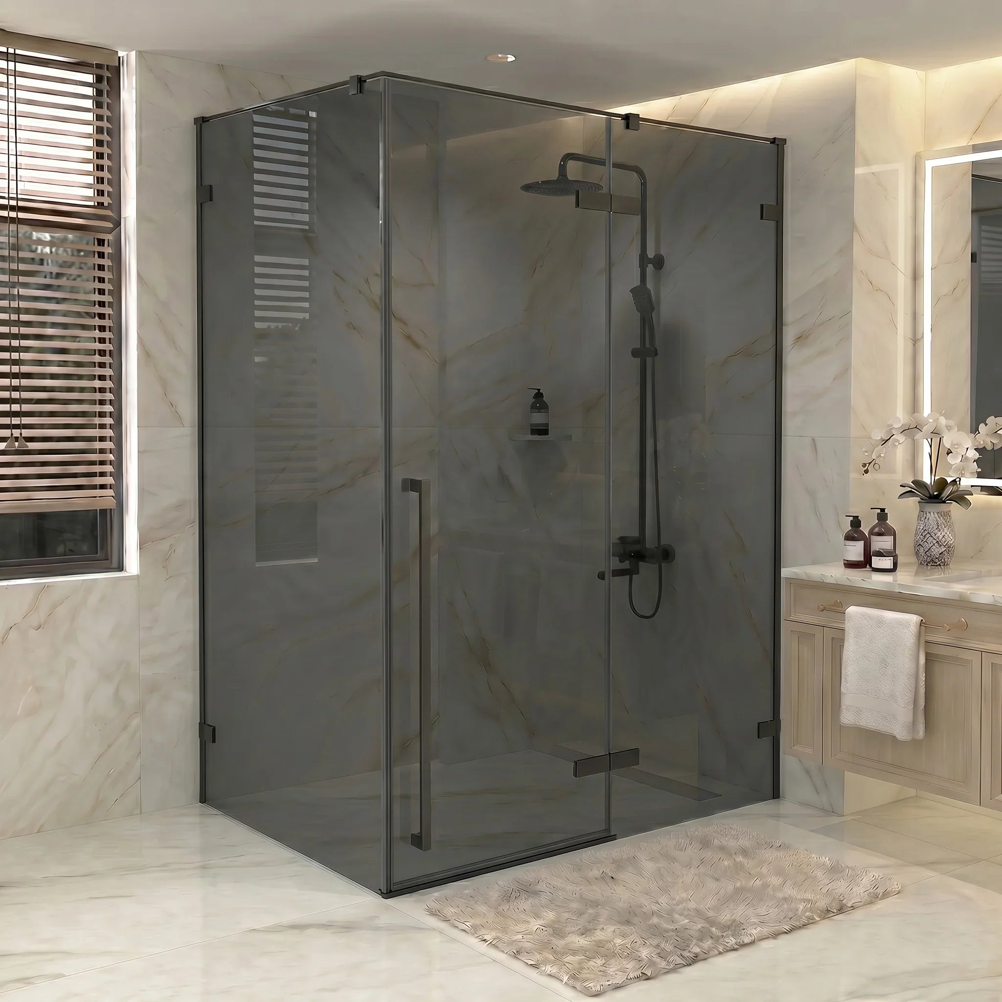 60" x 79" Matte Black Reversible Pivot Shower Door with 36" Black Tinted Glass Side Panel