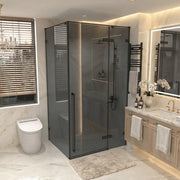 45,6po–46po L (largeur ajustable) x 79po H Porte de douche pivotante réversible sans cadre en noir mat avec panneau latéral 34,1po–34,5po – verre teinté noir