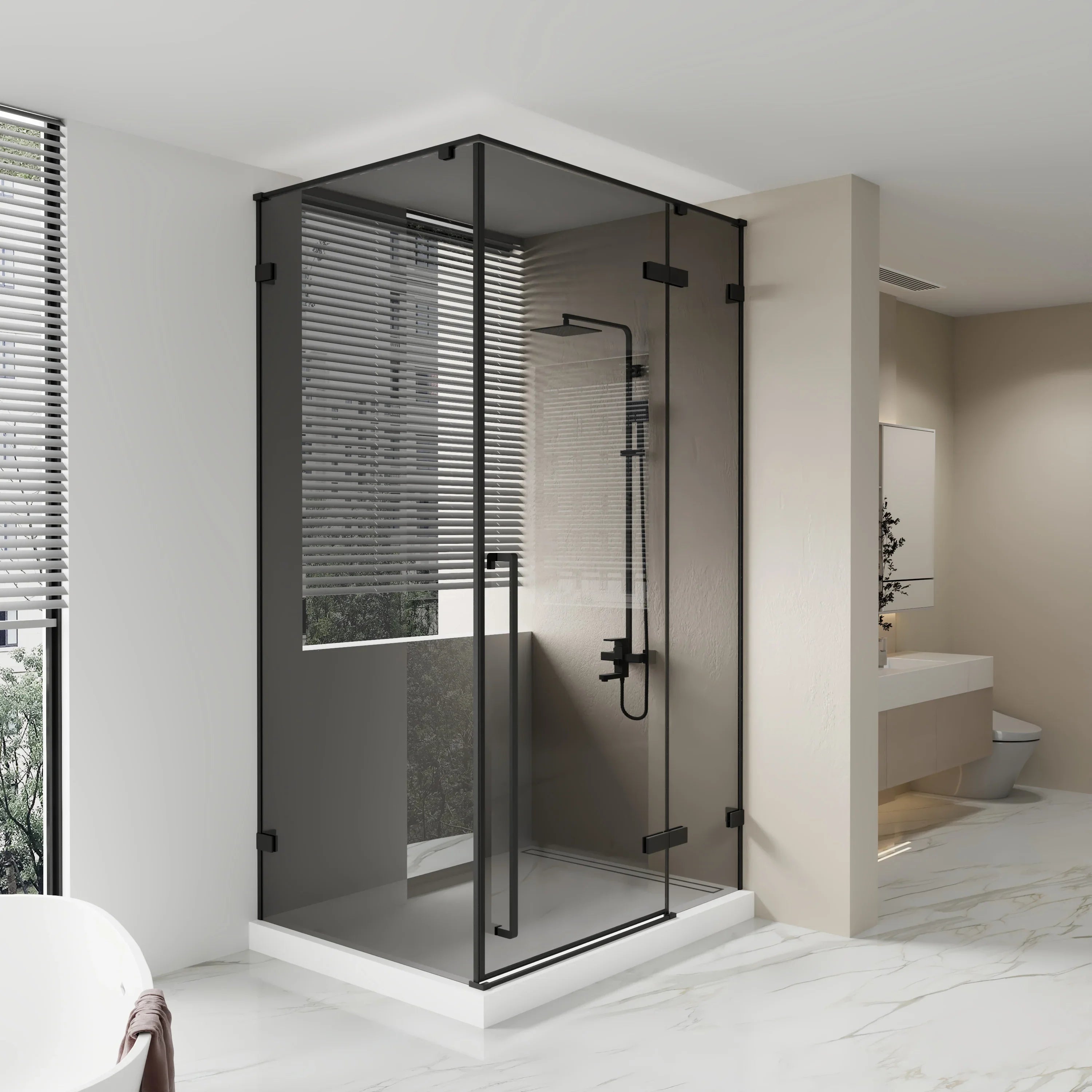 Porte de douche pivotante réversible 48po x 79po noir mat avec panneau latéral 36po – Verre teinté noir