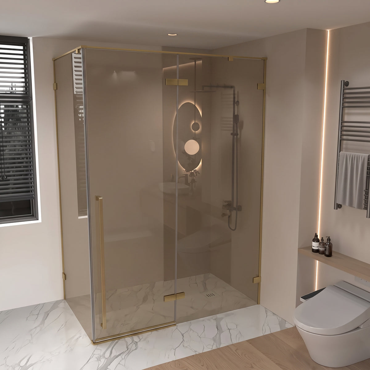 57.6"–58" W (Adjustable Width) x 79" H Frameless Reversible Pivot Shower Door in Brushed Gold with Brown Tinted Glass & 30.2"–30.5" Side Panel