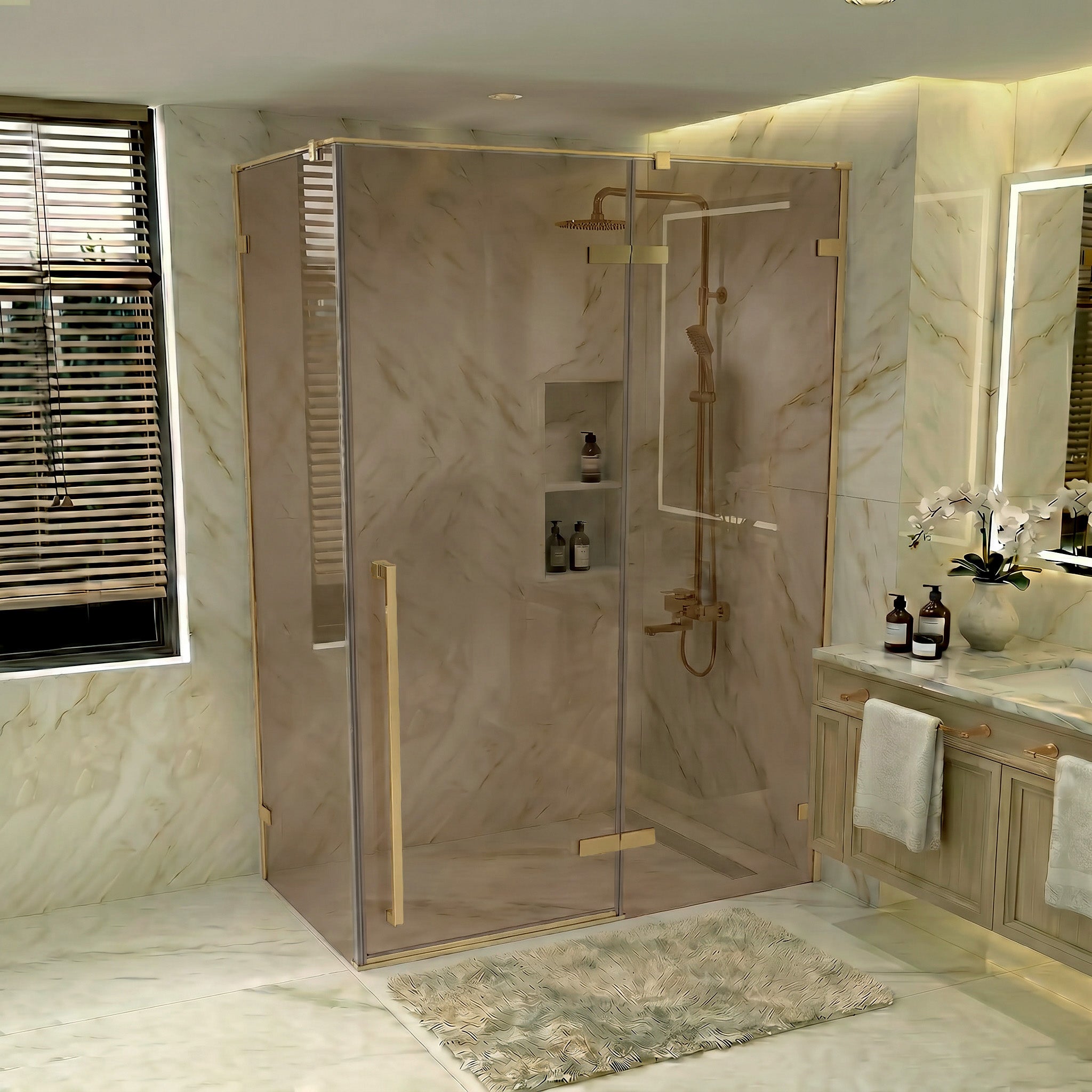 Porte de Douche Pivotante Réversible 60po x 79po Or Brossé avec Verre Brun Teinté