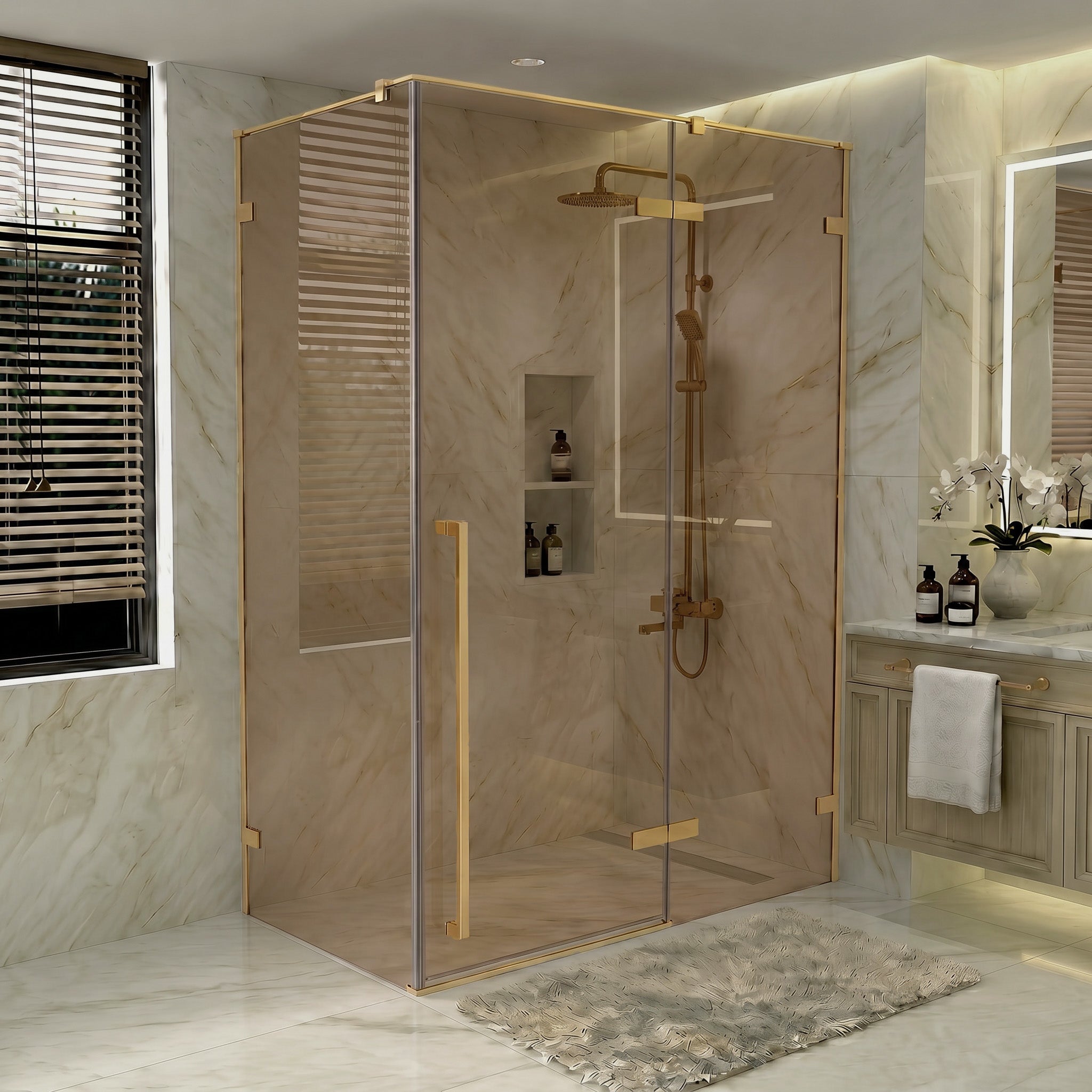 Porte de douche pivotante or brossé 60po x 79po avec verre teinté brun et panneau latéral 32po