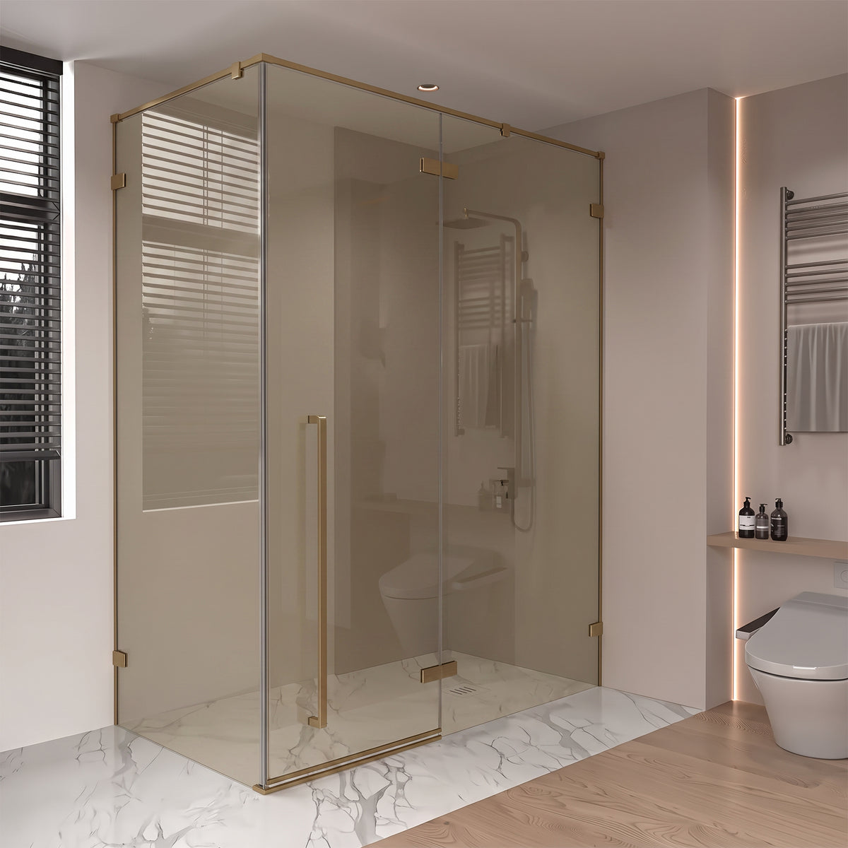 57,6po–58po L (largeur ajustable) x 79po H Porte de douche pivotante réversible sans cadre en or brossé avec verre teinté brun et panneau latéral 30,2po–30,5po