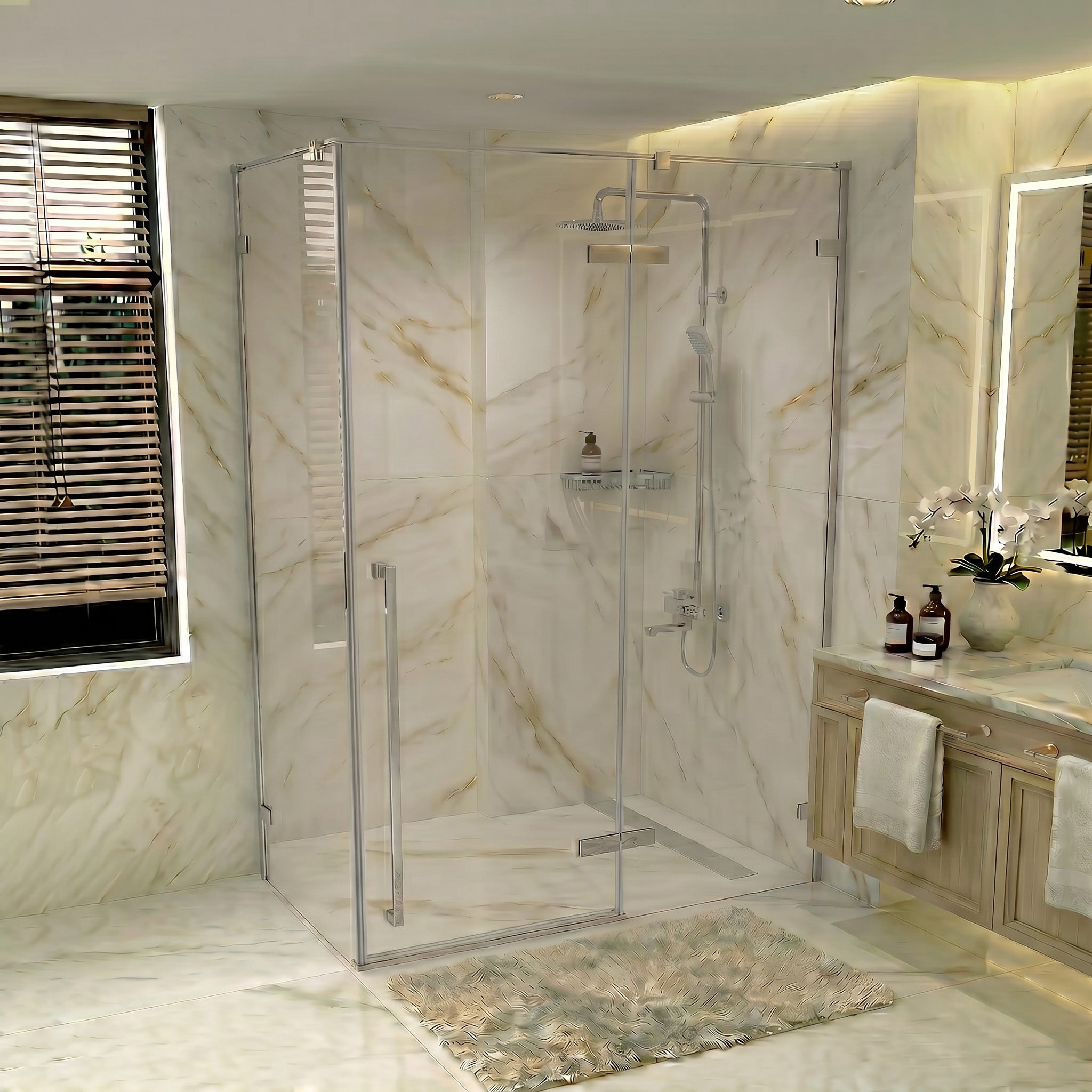Porte de douche pivotante chromée 60po x 79po avec panneau latéral 32po - Verre trempé clair