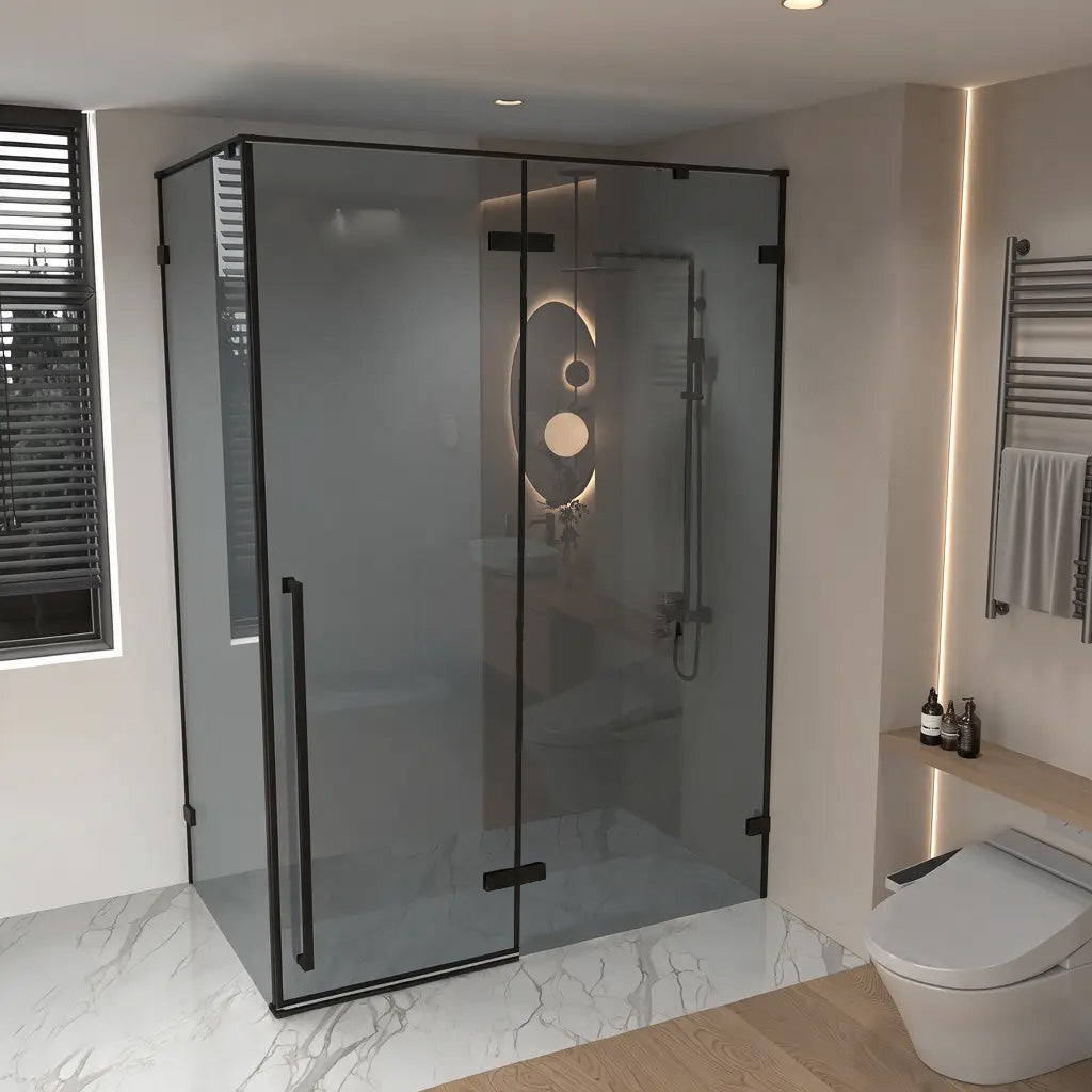 57.6"–58" W (Adjustable Width) x 79" H Frameless Reversible Pivot Shower Door in Matte Black with Black Tinted Glass & 30.2"–30.5" Side Panel