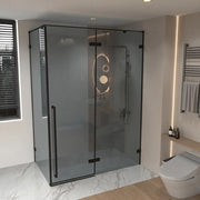 57,6po–58po L (largeur ajustable) x 79po H Porte de douche pivotante réversible sans cadre en noir mat avec verre teinté noir et panneau latéral 30,2po–30,5po