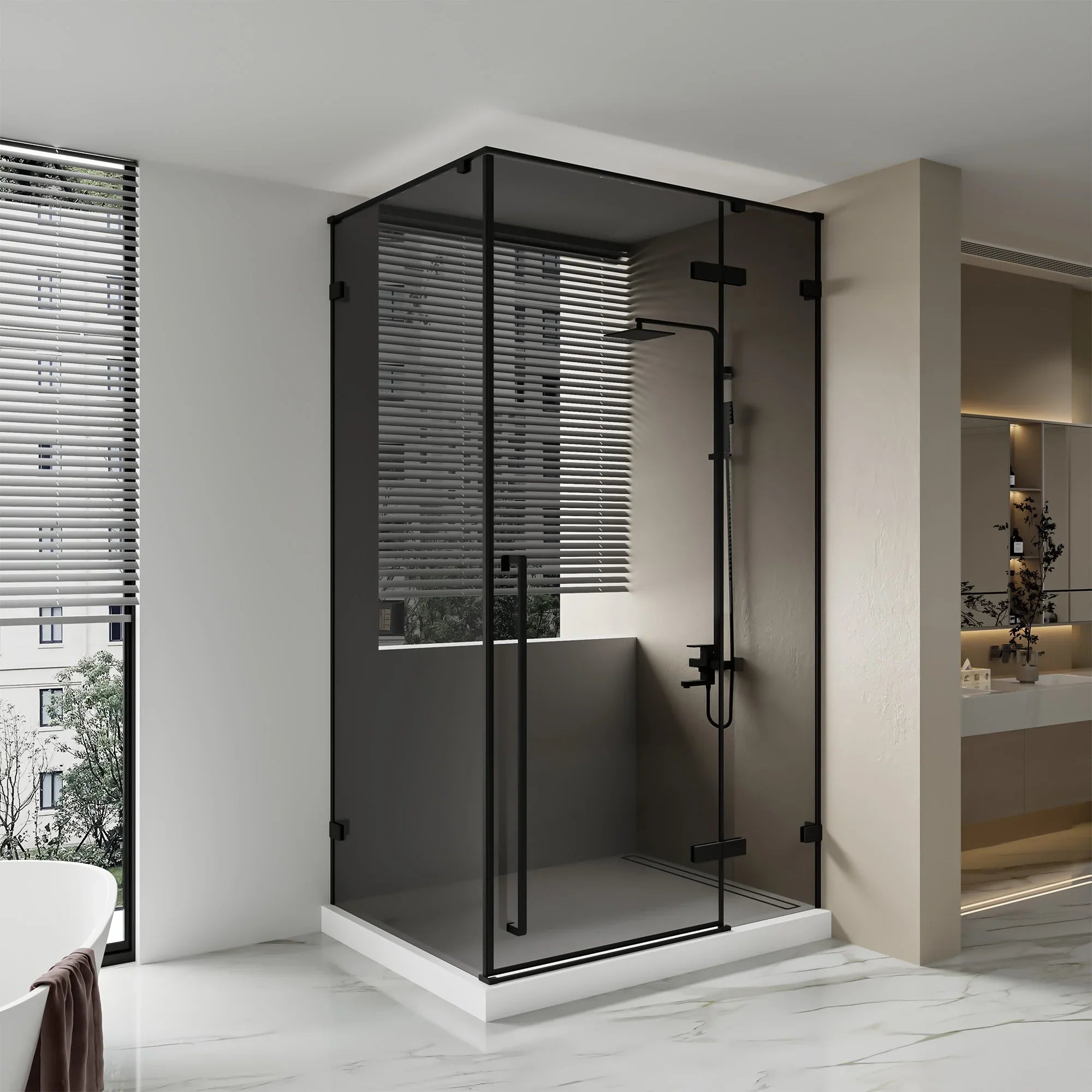 Porte de douche pivotante réversible 60po x 79po noir mat avec verre teinté noir et panneau latéral 32po