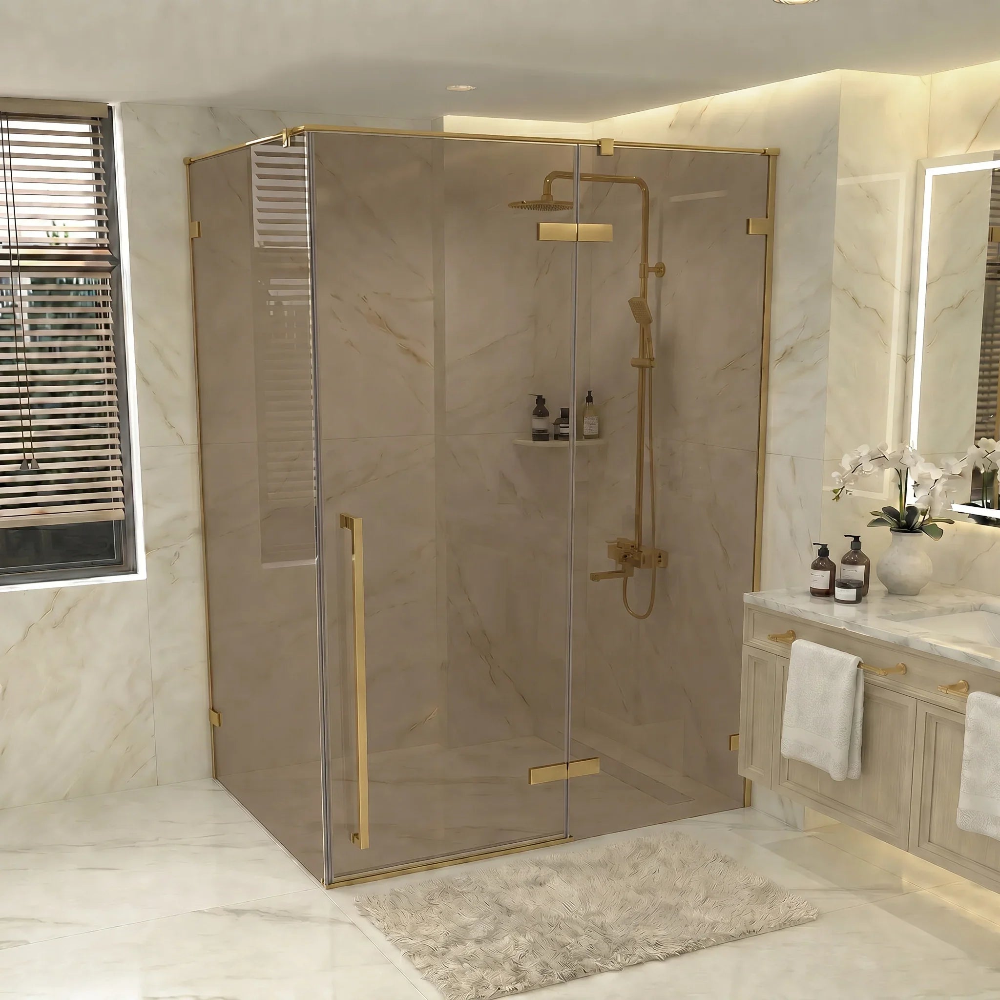 57.6"–58" x 79" Brushed Gold Pivot Shower Door with Brown Tinted Glass & 34.1"–34.5" Side Panel