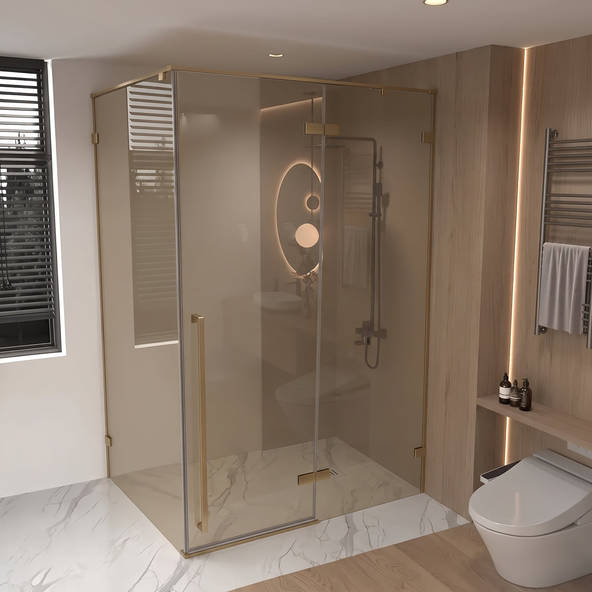 57,6po–58po L (largeur ajustable) x 79po H Porte de douche pivotante réversible sans cadre en or brossé avec verre brun teinté et panneau latéral 34,1po–34,5po